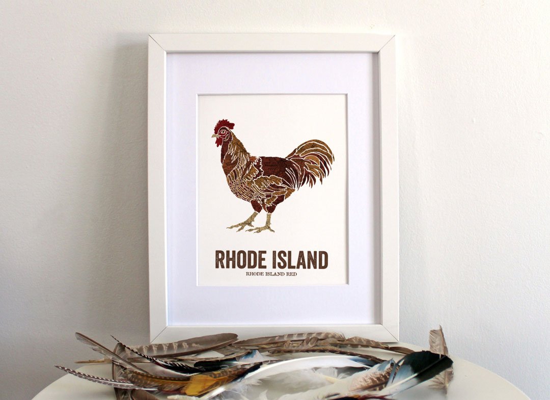 Rhode Island Red State Bird Art Print - Vintage Nature & Map Wall Decor for Rustic Nursery, Living Room, or Office - Unique Outdoor-Inspired Home Decor