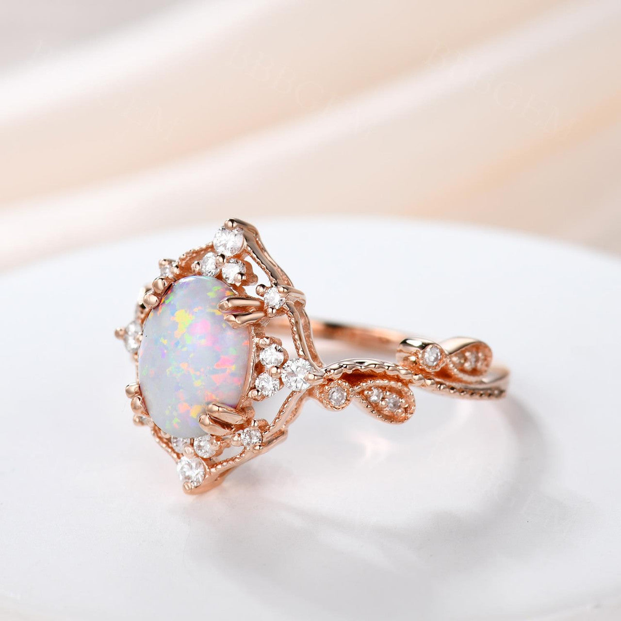 14K Yellow Gold White Opal Engagement Ring with Diamond Accents - Filigree Milgrain Wedding Band for Women, Bridal Jewelry Gift for Her | Perfect for Proposals, Anniversaries & Special Occasions