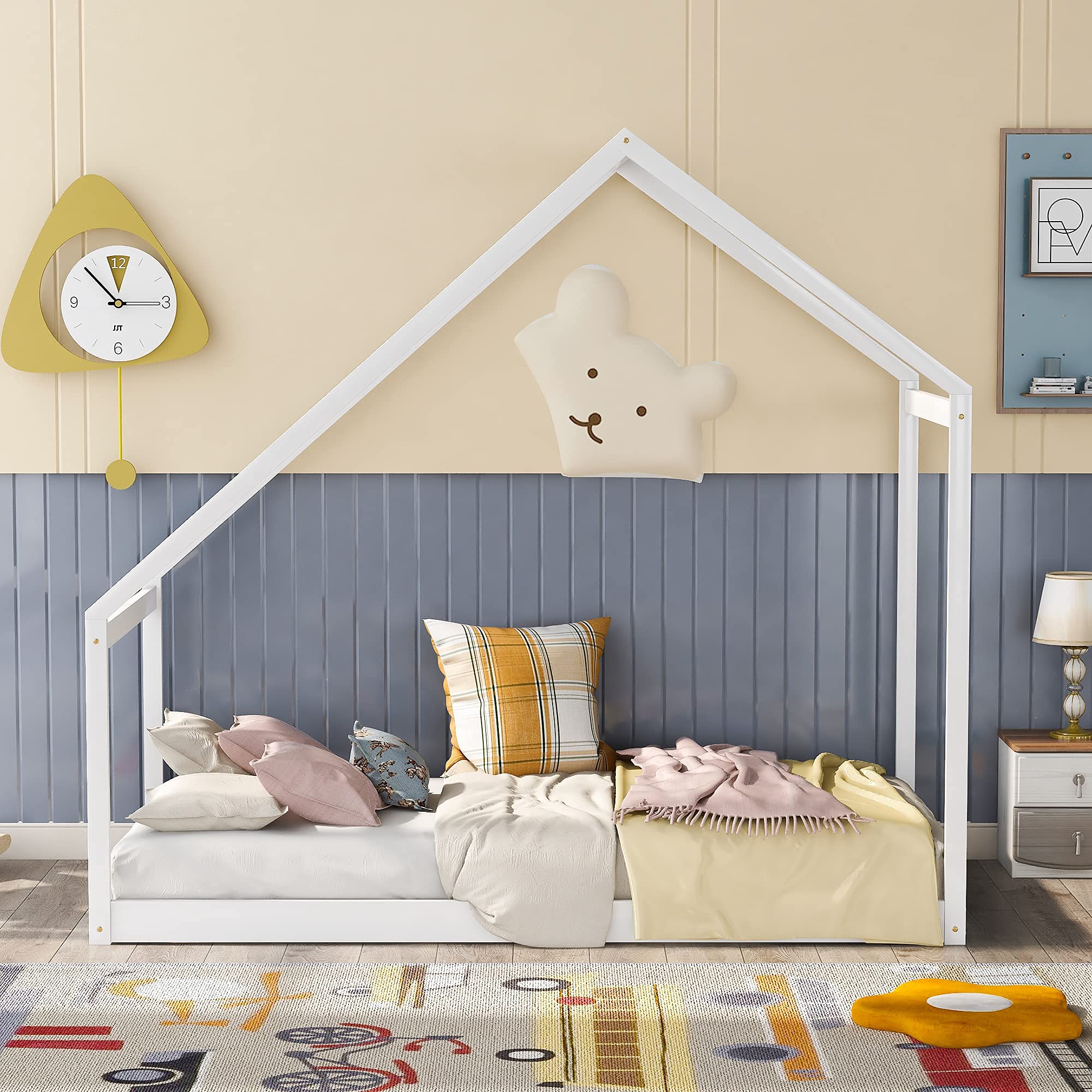 SOFTSEA Twin Kids Bed Frame with Tent - Easy Assembly White for Playroom & Bedroom