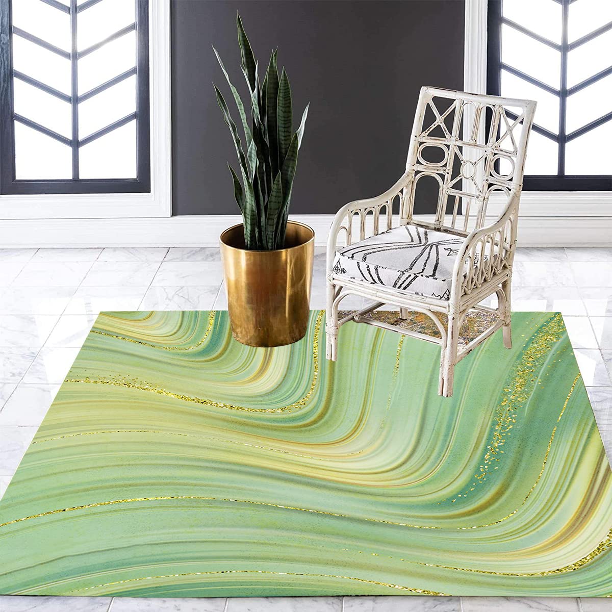 Sage Green Gold Marble Swirl Square Washable Area Rug 6x6 - Soft Boho Chic Carpet for Living Room, Bedroom, Kitchen & Dining Room - Modern Abstract Indoor Floor Mat for Home & Office Decor