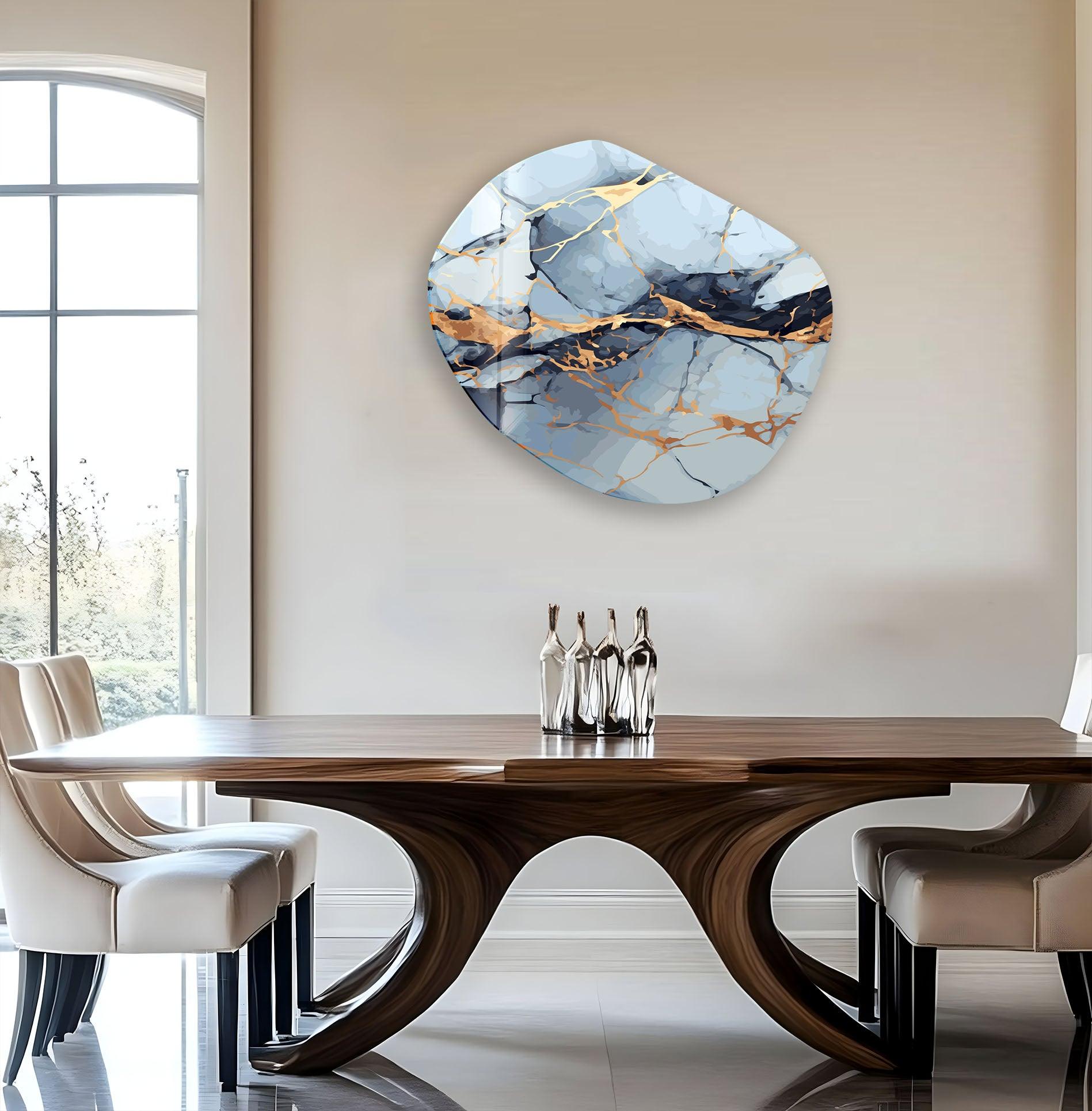 Blue & Gold Marble Oval Glass Wall Art - Elegant Home Decor for Living Room, Bedroom, Office - Perfect for Modern & Luxury Interior Design
