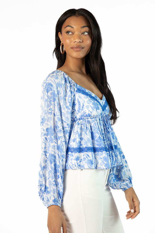 Dreamy Blue Lace Trim Floral Blouse - Elegant Women's Top for Date Night & Special Occasions