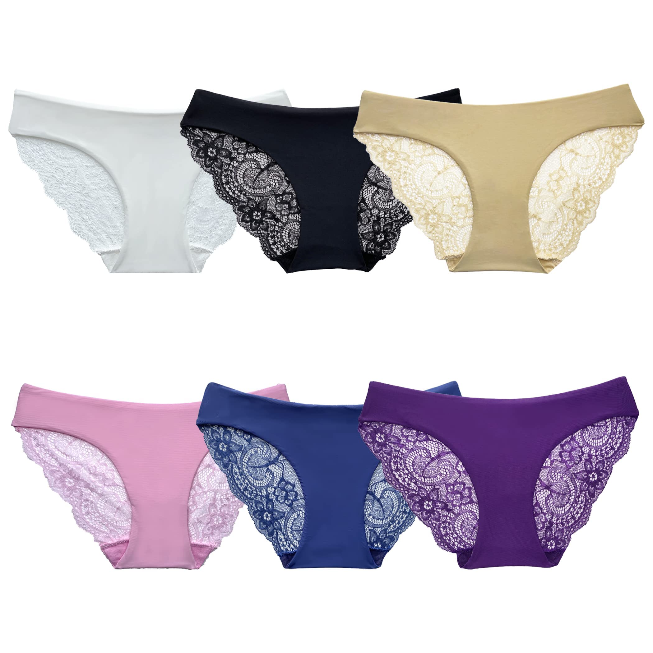 SYAYA Women's Invisible Seamless Bikini Lace Underwear - 6 Pack Comfortable Breathable Panties with Half Back Coverage for Everyday Wear, Yoga & Sleep