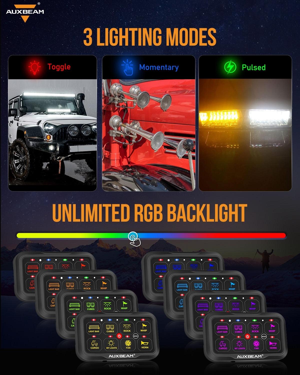 AR 800 Multifunction RGB Switch Panel with Bluetooth Control & 47-Inch Extension Cable (Optional) - Universal Car Dashboard Accessory for JEEP Wrangler, Gladiator - Perfect for Off-Roading, Camping & Night Driving