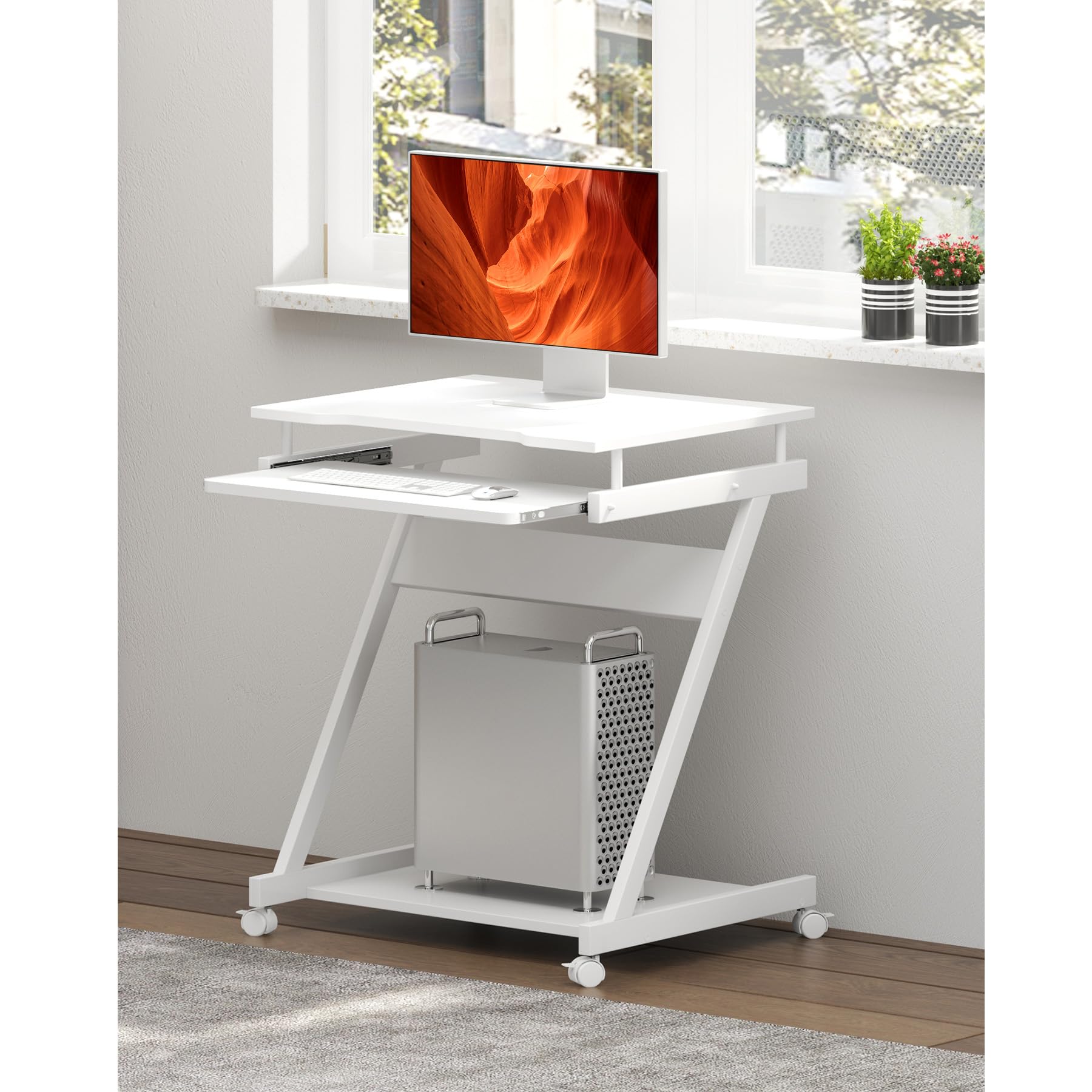 Soges Furniture Mobile Compact Computer Desk Cart - Portable Rolling Workstation with Printer Shelf & Keyboard Drawers for Small Spaces, Home & Office Use - White | Perfect for Dorm Rooms, Apartments, and Workspace Organization