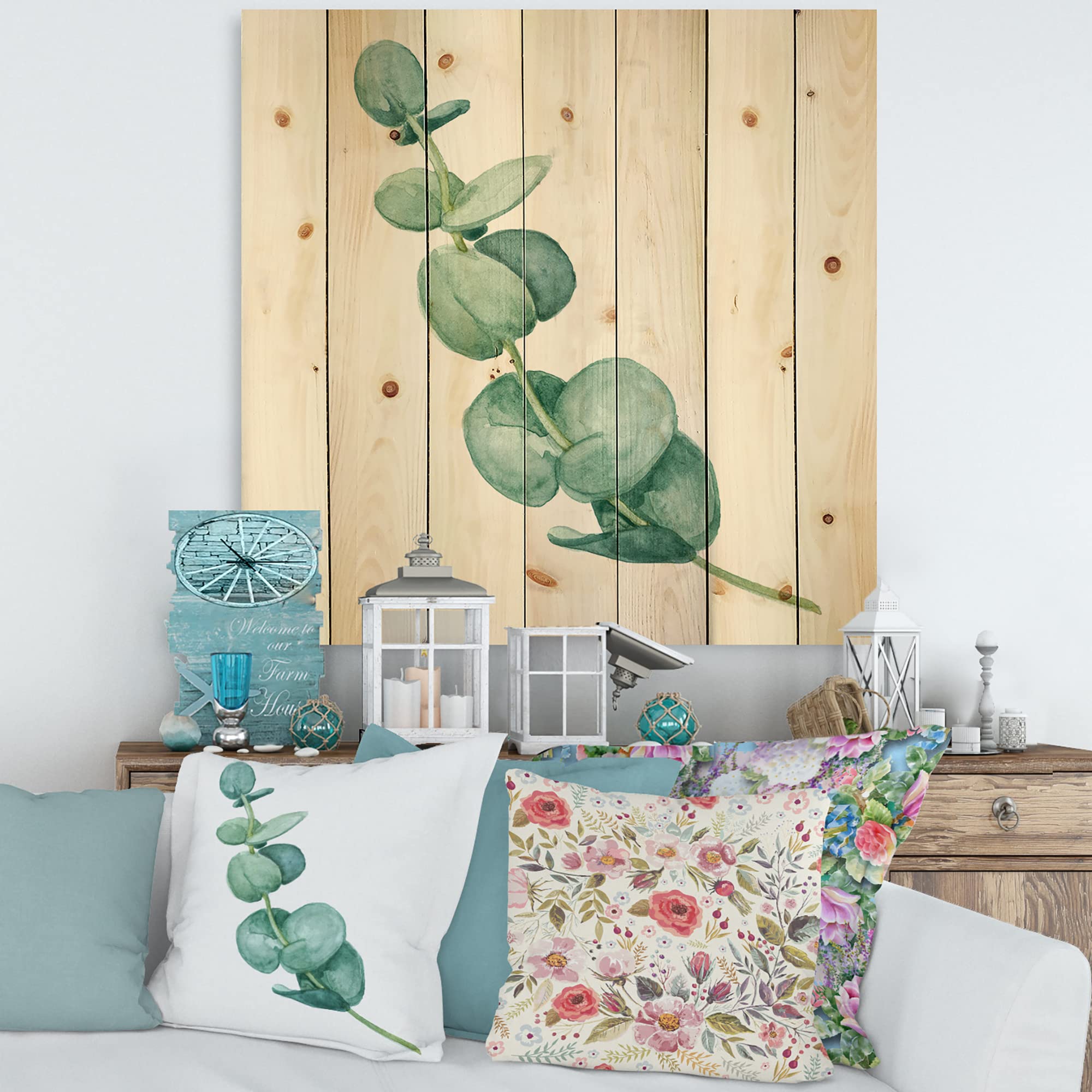 DesignQ Young Eucalyptus Leaves & Branches II - Traditional Wood Wall Decor | Large Floral Pine Wood Art Panel | Natural Green Botanical Print | Perfect for Living Room, Bedroom & Office Decor