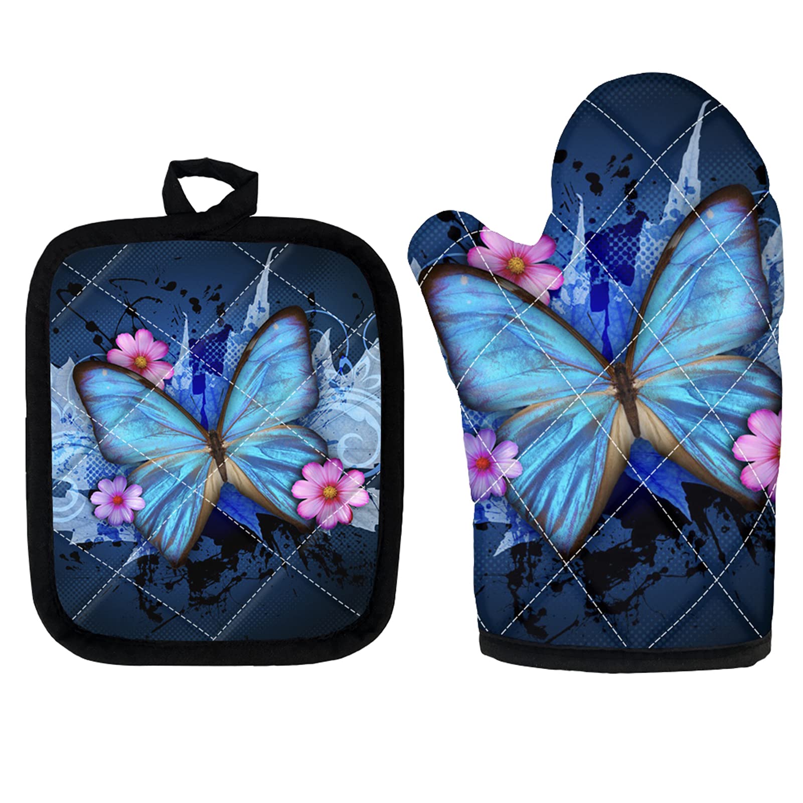 Heat Resistant Blue Butterfly Oven Mitts & Pot Holders Set - Non-Slip Cotton Lined Kitchen Gloves for Baking, Grilling, BBQ - Washable & Durable for Home Cooking & Outdoor Camping