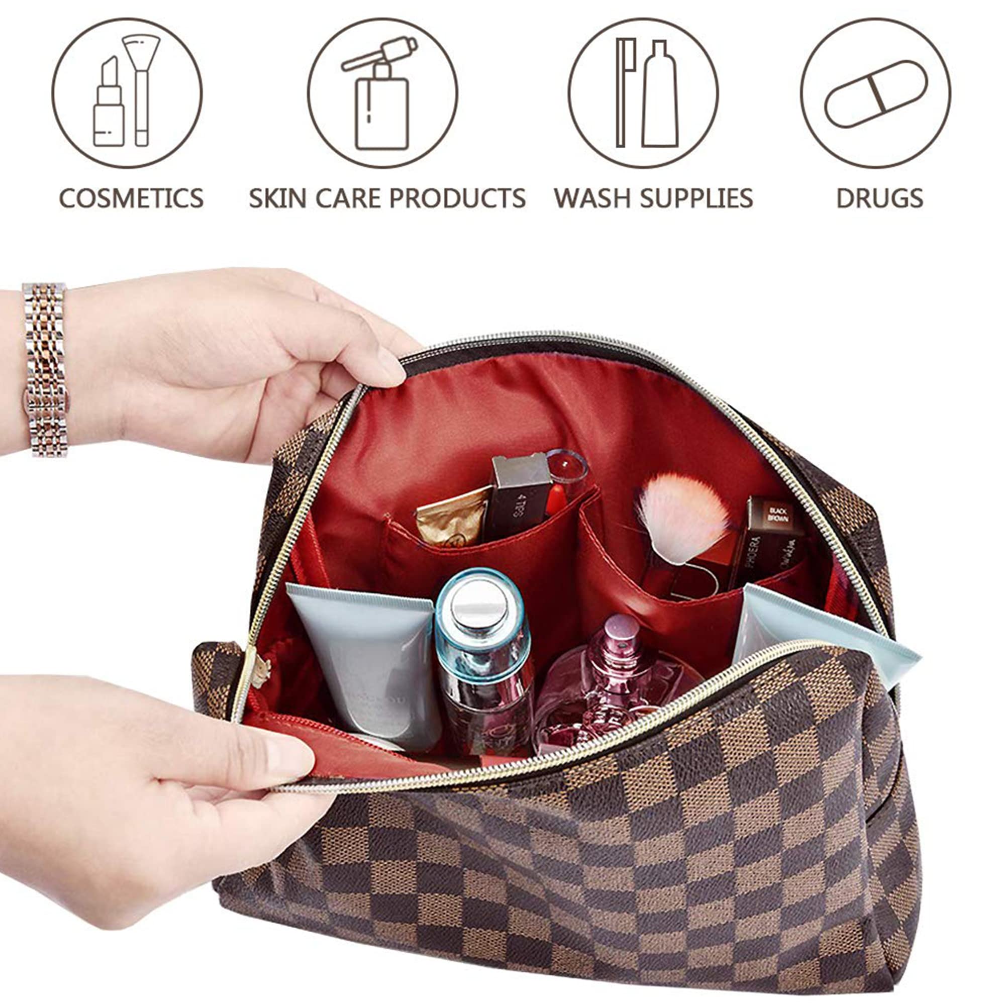 Stylish Leather Checkered Makeup Bag 2-Pack - Large Capacity Waterproof Cosmetic Organizer for Women | Travel Toiletry Case, Christmas Gift Idea for Makeup Lovers (Perfect for Air Travel, Gym Essentials & Daily Beauty Storage)