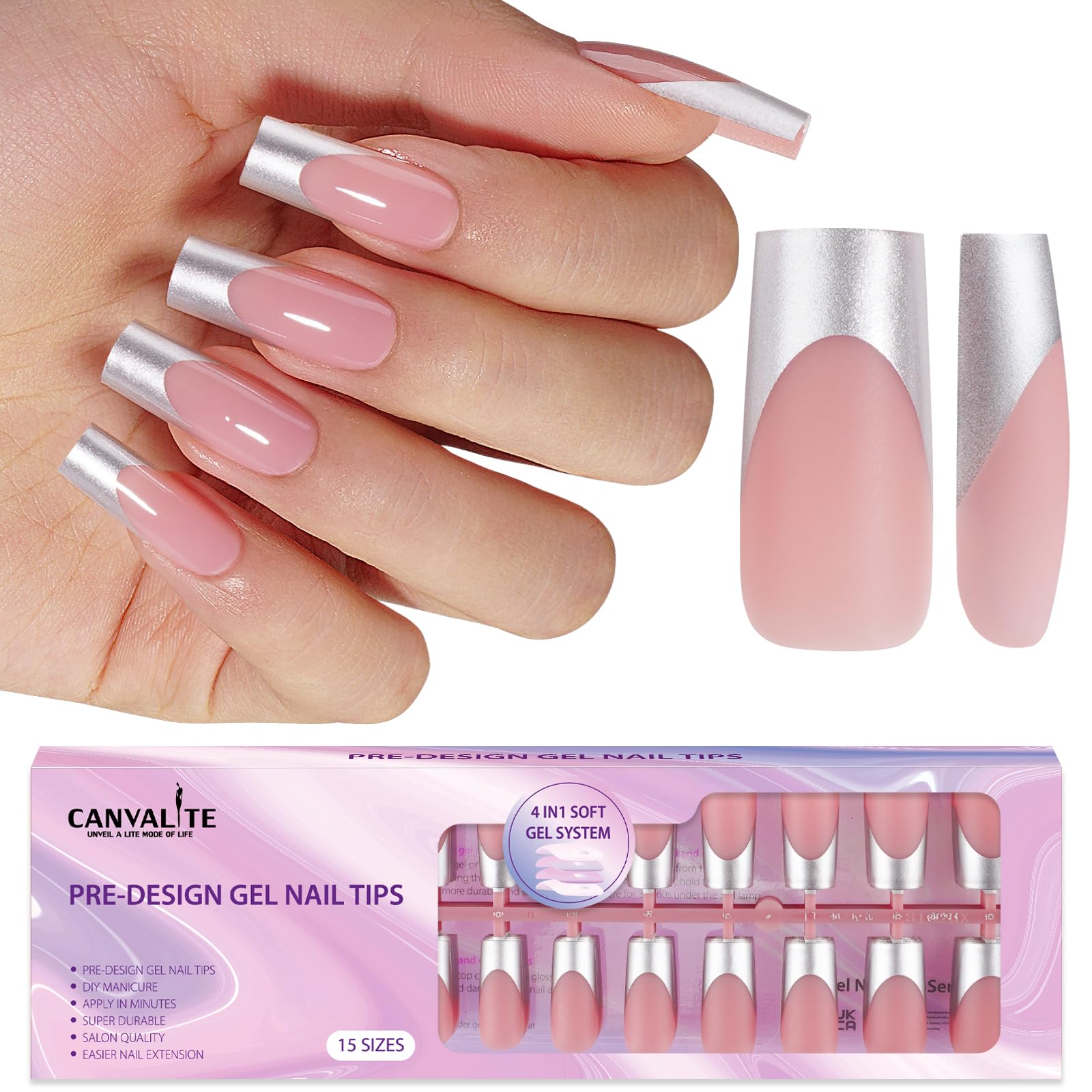 Canvalite Chrome French Tip Press on Nails - 150Pcs Long Square Fake Nails with Silver Designs, Quick & Easy DIY Gel Nail Tips for Women | Perfect for Parties, Weddings, and Special Occasions