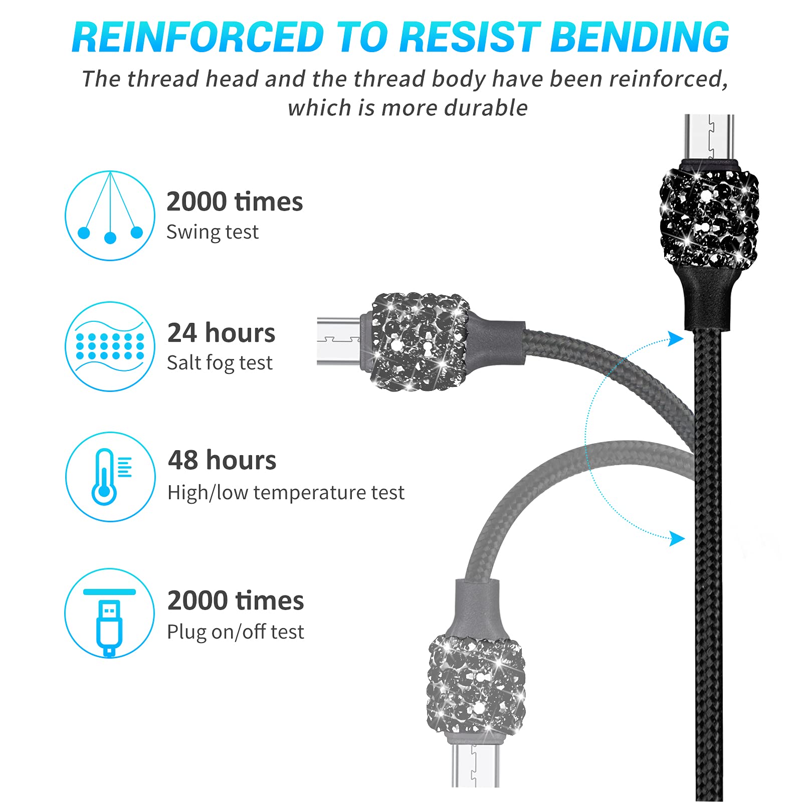 3-Pack 3.3FT Micro USB Charger Cable Fast Charging for Samsung Galaxy S7/S6 Edge/J7/S5/Note 5/4, LG K40/K20, MP3 Players, Kindle, Tablets - Durable Android Charging Cord with Bling Design - Perfect for Home, Office & Travel Use
