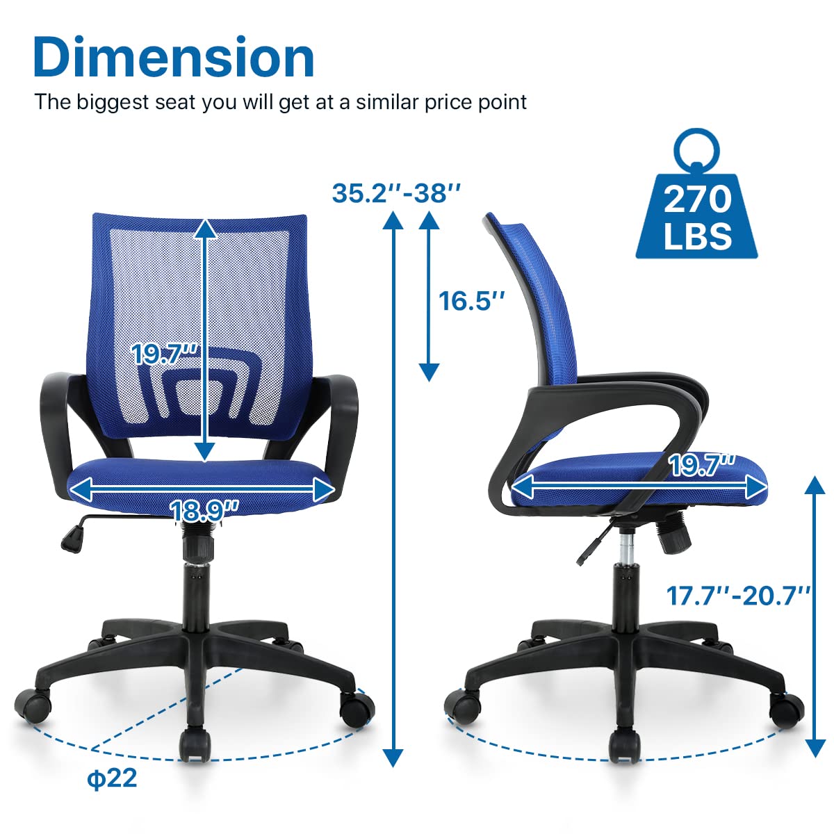 Ergonomic Office Chair with Lumbar Support - Adjustable Height Mesh Computer Desk Chair with Armrests, Swivel & Rolling Wheels - Mid Back Executive Task Chair for Home Office (Blue) | Perfect for Long Work Hours, Gaming & Remote Work