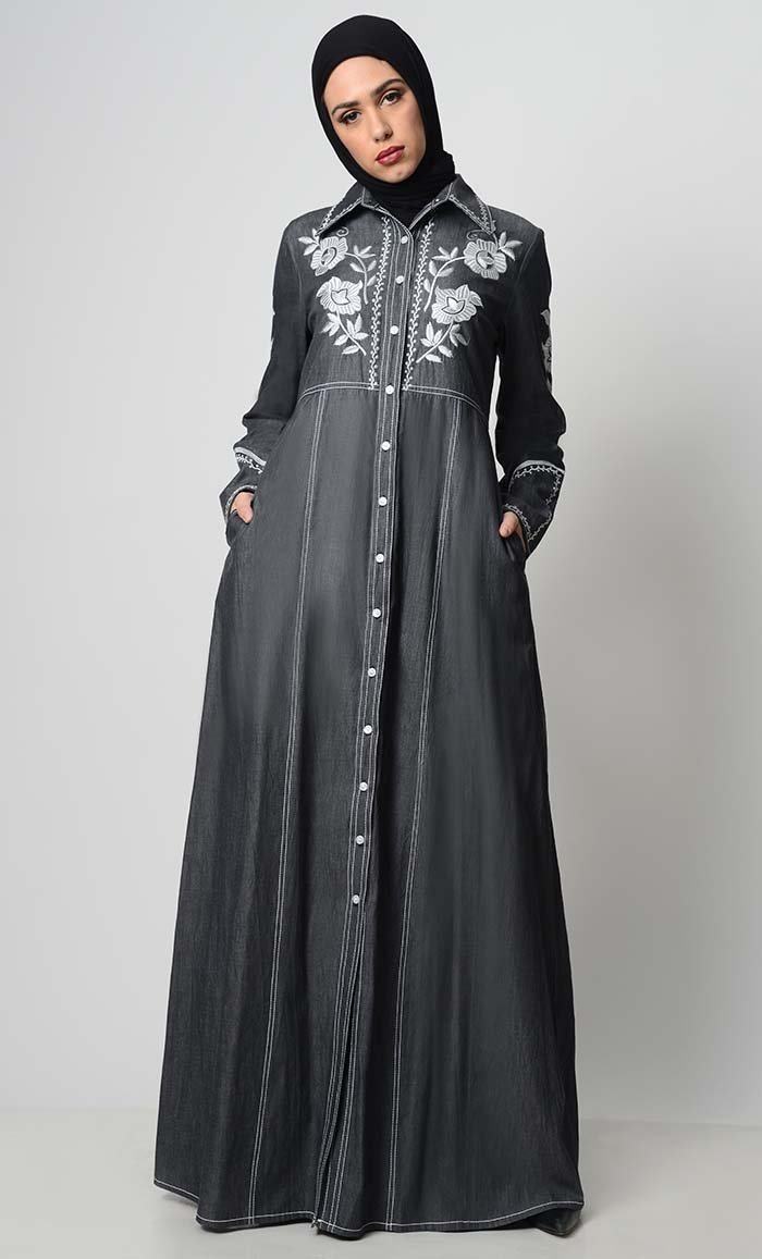 Elegant Contrast Embroidered Denim Abaya for Women - Modest Islamic Dress for Prayer, Eid & Special Occasions