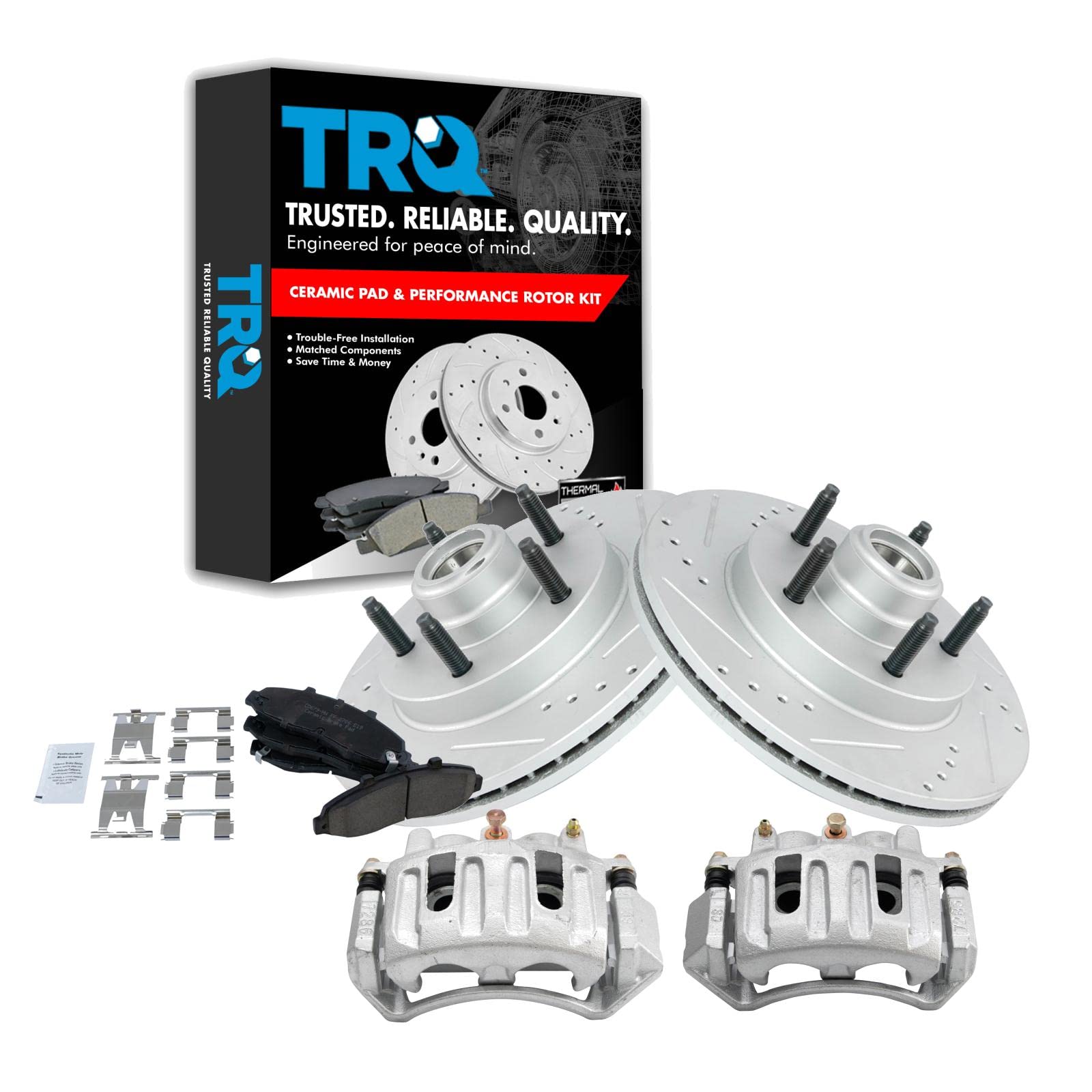 TRQ Front Performance Brake Pad & Rotor Kit - Ceramic Vented Premium G-Coated - Compatible with 2000-2001 Ford F-150 | Smooth Stopping Power for Trucks, SUVs & Towing | Durable Brake Caliper, Pads & Rotors Set for Highway & Off-Road Driving