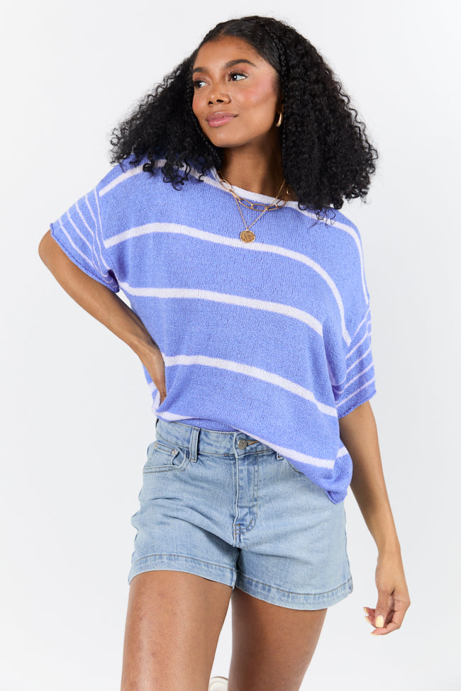 Blue and Ivory Striped Sweater T-Shirt for Women - Soft Cotton Casual Wear | Perfect for Layering, Office Outfits & Weekend Brunch