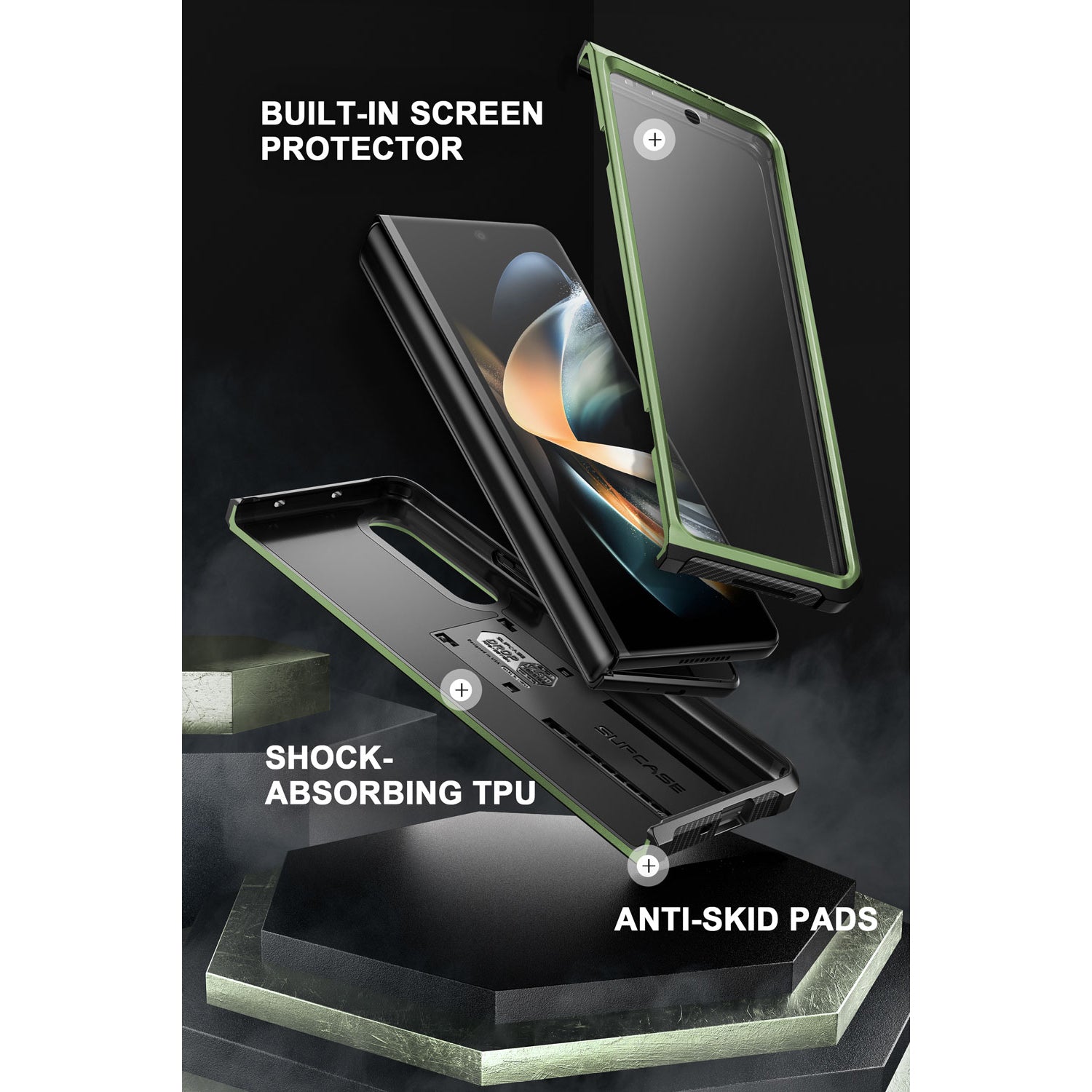 Samsung Galaxy Z Fold 4 Case with Built-in Kickstand & Screen Protector - Dark Green Protective Cover for Work, Travel & Daily Use