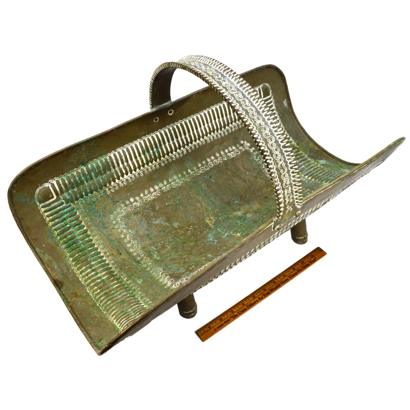 Antique Repousse Copper Log Rack & Hand-Painted Newspaper Magazine Holder with Patina - Rustic Fireplace Storage for Living Room & Cabin Decor