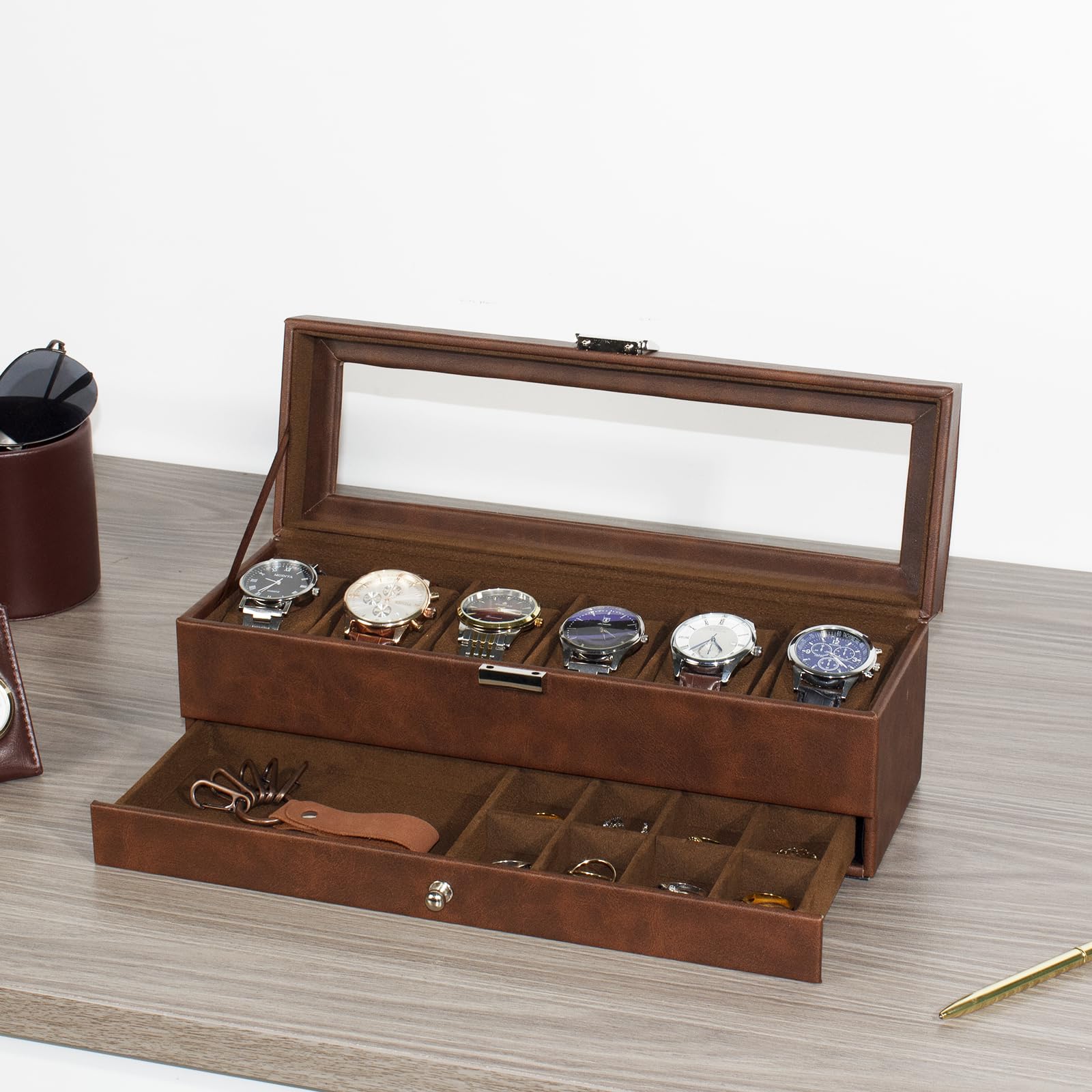 Premium 6-Compartment Watch Box with Glass Lid & Drawers - 2-Tier Jewelry & Watch Organizer for Men & Women - Perfect for Display, Storage & Travel