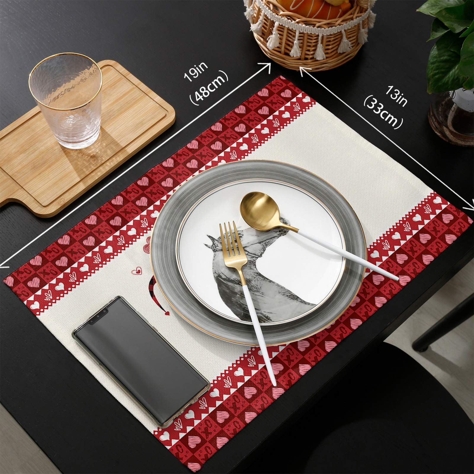 Hostline 6-Piece Valentine's Day Placemats Set - Heart Design Waterproof Table Mats for Dining Table Decor, Romantic Dinner, Kitchen & Party Use