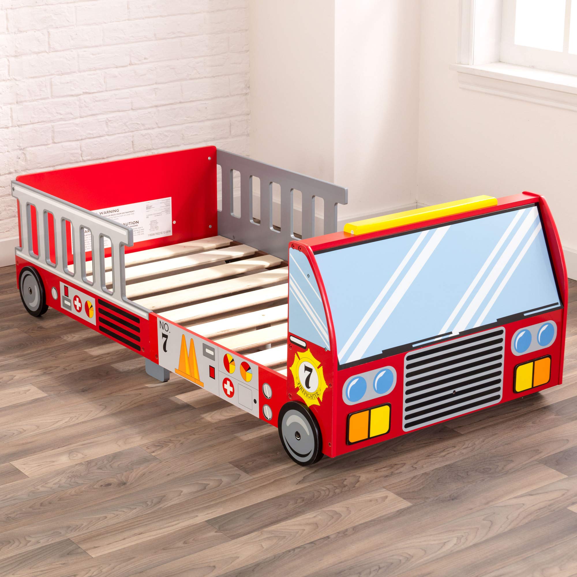 KidKraft Red Fire Truck Wooden Toddler Bed with Safety Guard Rails - Children's Furniture for Boys & Girls Ages 15 Months+ | Perfect for Themed Bedrooms, Daycare Centers & Gift Ideas