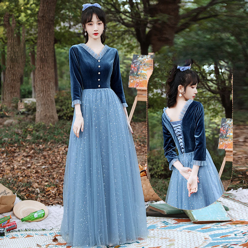 Elegant Blue Tulle Velvet Bridesmaid Dress - Long Formal Evening Gown for Weddings, Prom & Special Occasions | Plus Size 525