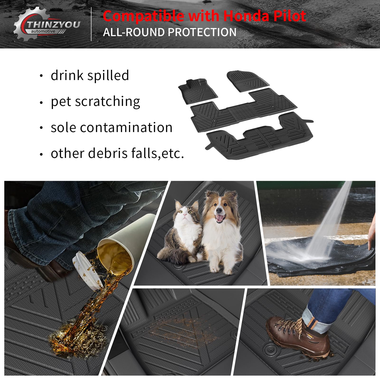 All-Weather TPE Floor Mats & Cargo Liner for 2023-2025 Honda Pilot - Custom Fit Back Seat Cover Protector & Trunk Mat with Backrest - Durable Interior Accessories for SUVs (Perfect for Road Trips, Family Travel & Outdoor Adventures)