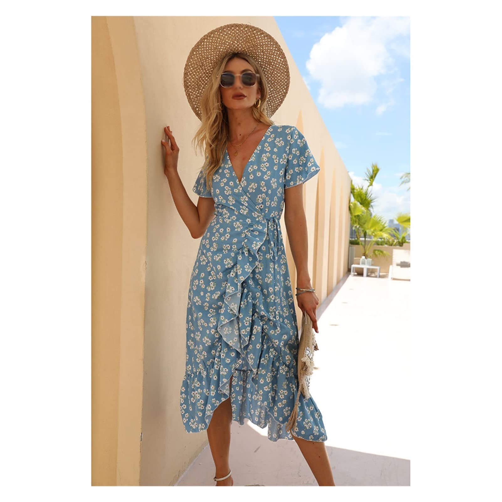 Boho Floral Print Maxi Beach Dress - Summer Casual Long Sundress with Side Split & Ruffle Short Sleeves (Blue, Size S) | Perfect for Beach Vacations, Music Festivals & Outdoor Parties