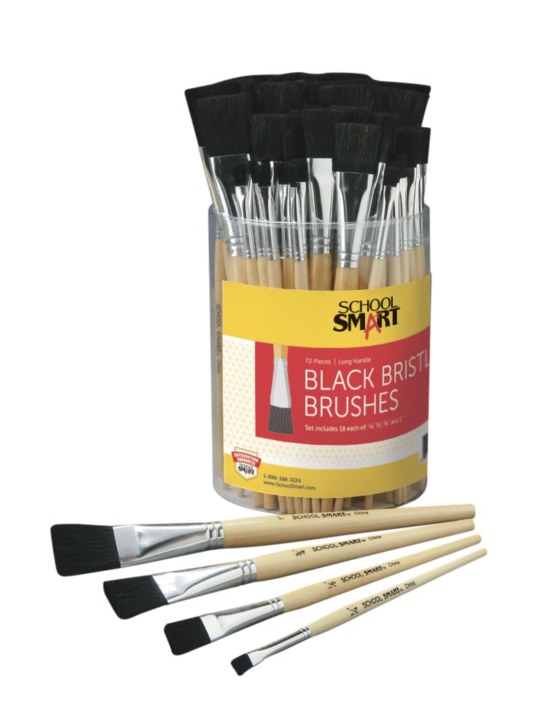 School Smart Black Bristle Paint Brushes with Enameled Hardwood Handles - Bulk Set of 72 Assorted Sizes for Classroom, Art Projects & DIY Crafts - Perfect for Kids, Students & Professional Artists