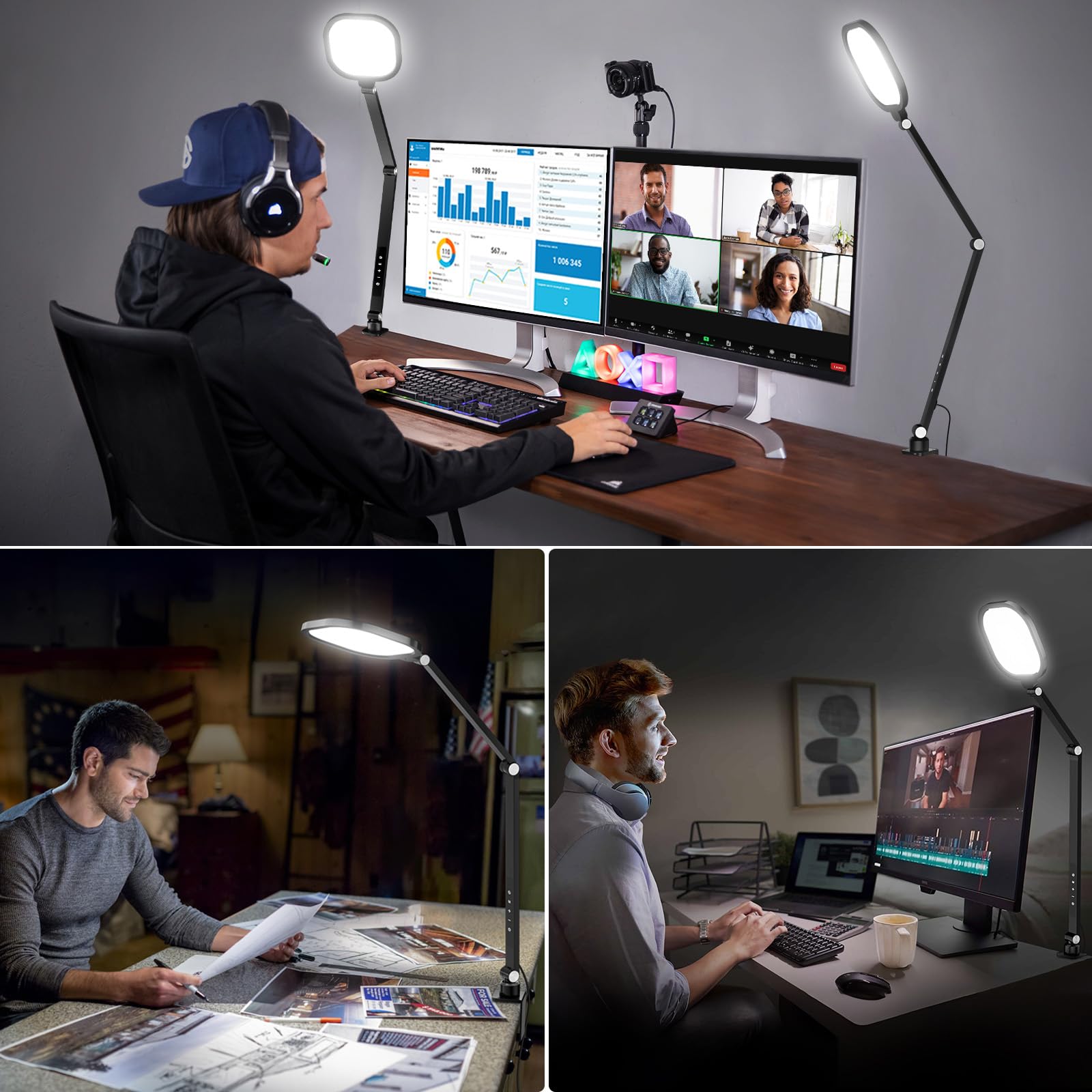 Professional Dimmable LED Video Conference Light for Computer - 15W Swing Arm Desk Lamp with C-Clamp, Remote, Memory & Timer (CRI>95) - Perfect for Zoom Meetings, Home Office, Webcam Lighting & Online Classes