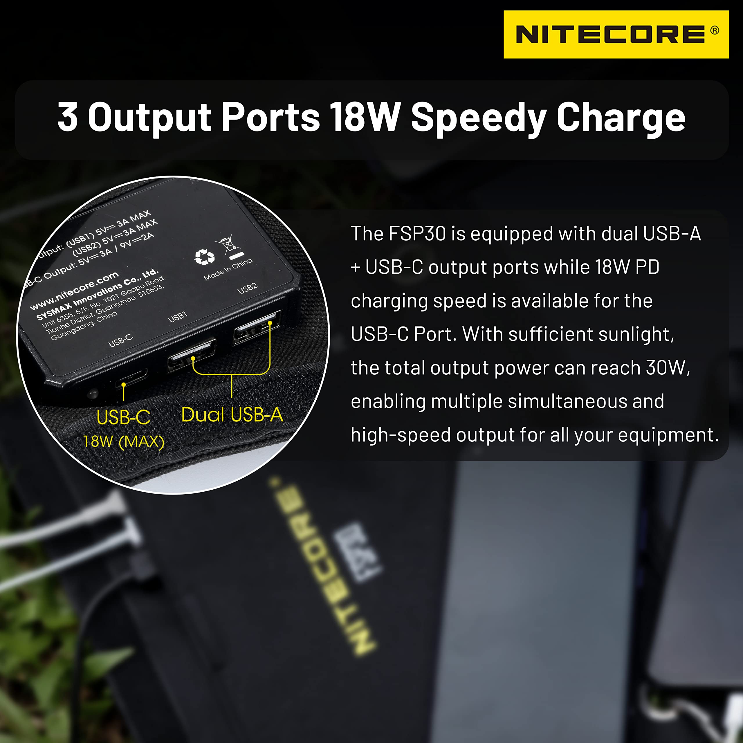 NITECORE FSP30 30W Foldable Solar Charger with PD 18W USB-C Fast Charging, 3 USB Ports & 4 Panels - Portable Solar Panel for Outdoor Camping, Hiking, Emergency Power - Compatible with iPhone, Android Phones, Tablets, and USB Devices