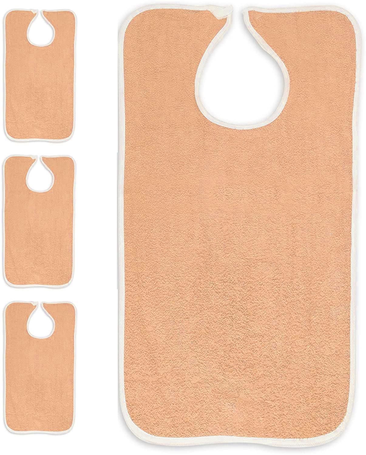 6 Pack Terry Adult Bibs with Velcro Closure - Soft Peach Color for Elderly Care, Dementia Patients & Mealtime Protection - Washable & Comfortable for Daily Use