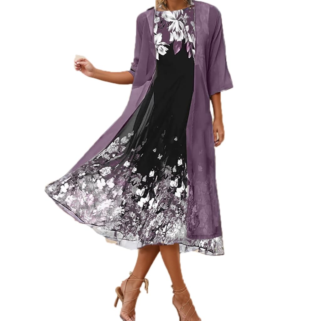 Women's Flowy Chiffon Floral Maxi Dress with Jacket 2-Piece Set - Summer Wedding Guest Dress & Cocktail Party Outfit - Perfect for Beach Vacations, Garden Parties & Formal Events