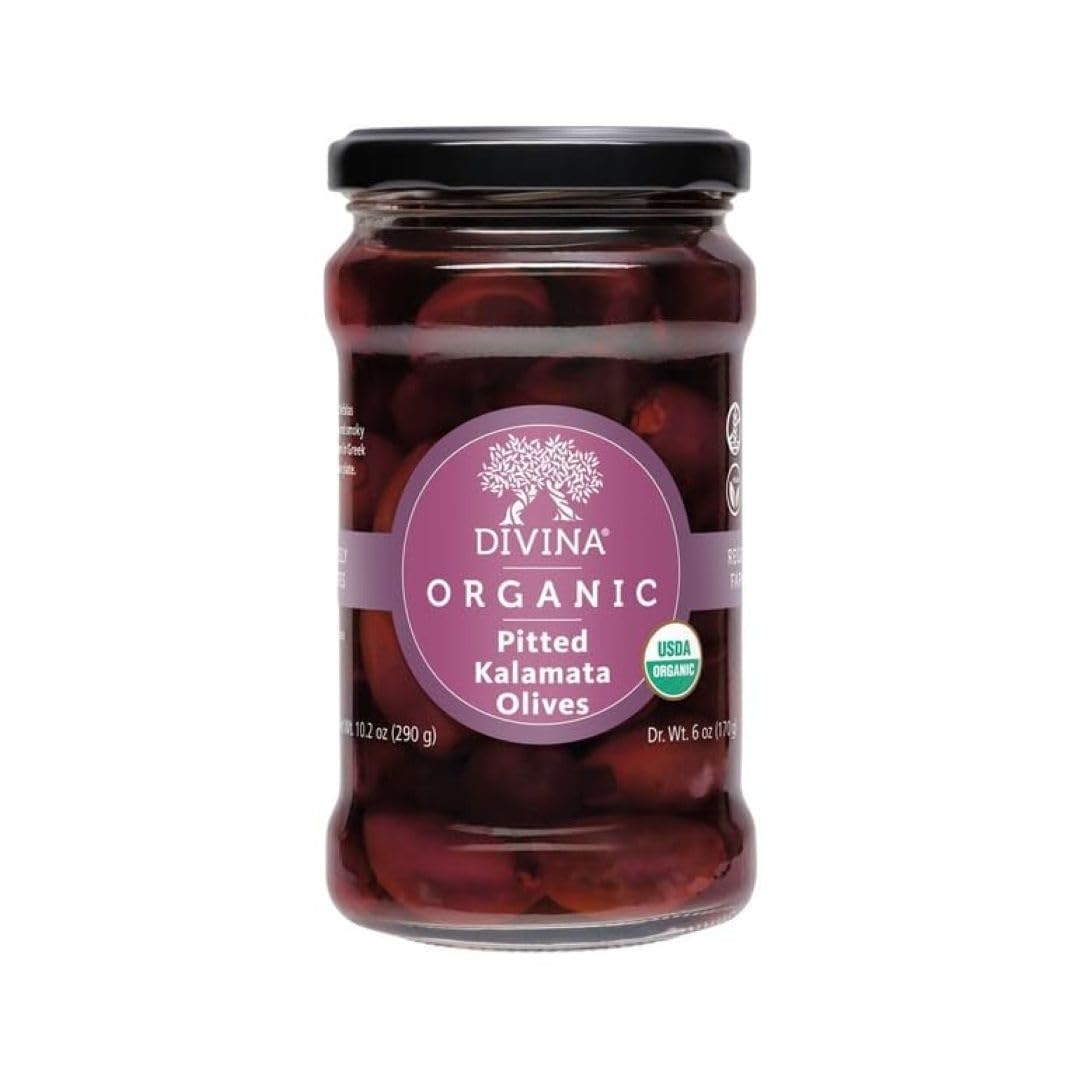Organic Kalamata Pitted Olives by DIVINA - 10.2 oz | Premium Greek Olives for Salads, Charcuterie Boards & Mediterranean Recipes