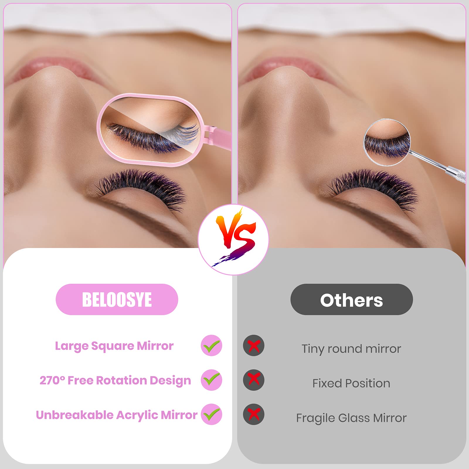 1 PCS Large Eyelash Extension Mirror with 270° Rotation - Lightweight Folding Makeup Mirror for Lash Techs & Professionals - Adjustable Inspection Mirror for Eyelash Extensions & Beauty (Pink) - Perfect for Salon, Home Use & Travel Makeup Kit