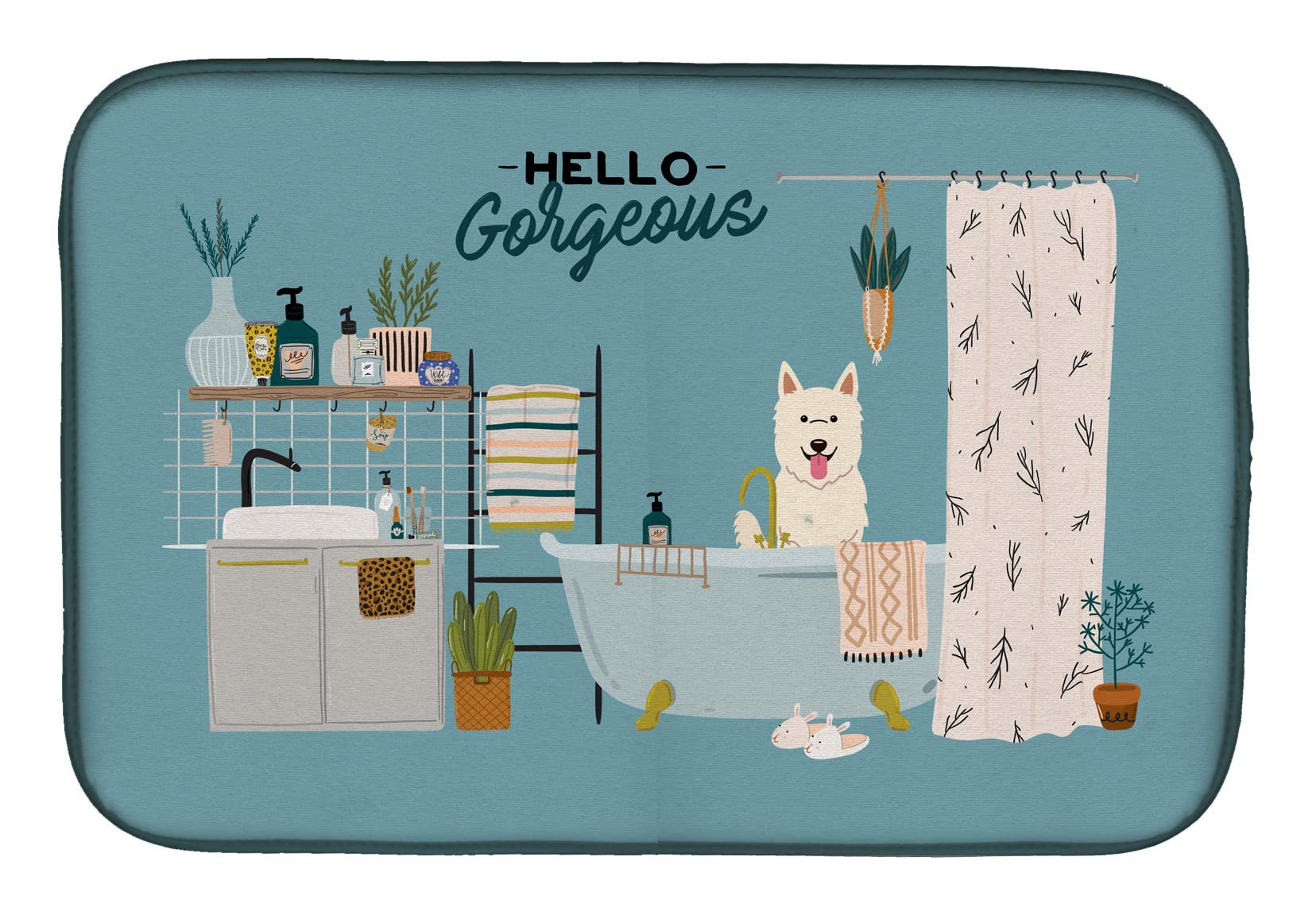 White German Shepherd Dish Drying Mat - Absorbent Kitchen Counter Pad for Dishes, 14x21