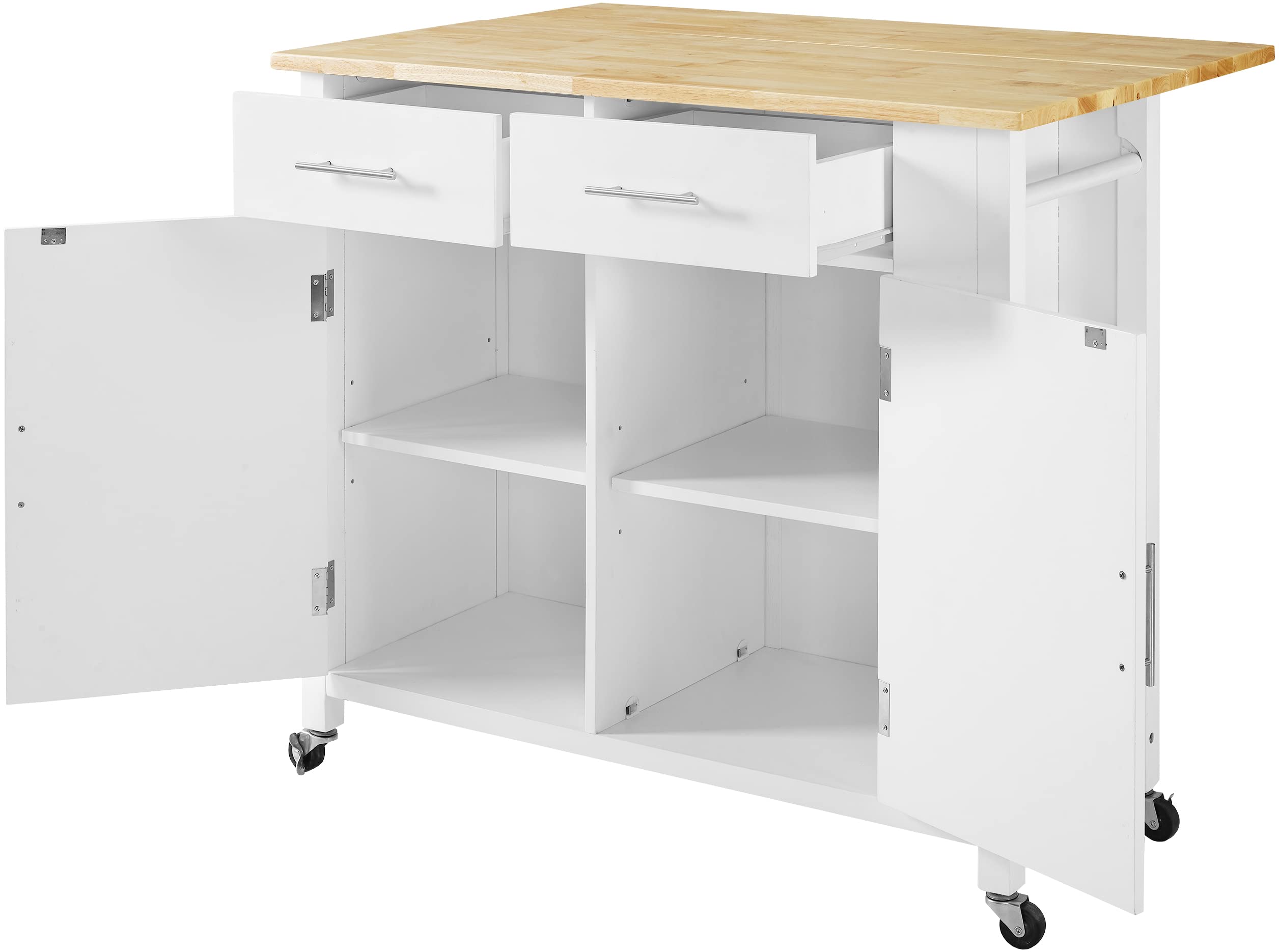 Crosley Savannah White Wood Top Drop Leaf Rolling Kitchen Island Cart with Spice Rack & Shelves - Perfect for Small Kitchens, Dining Rooms & Entertaining Spaces