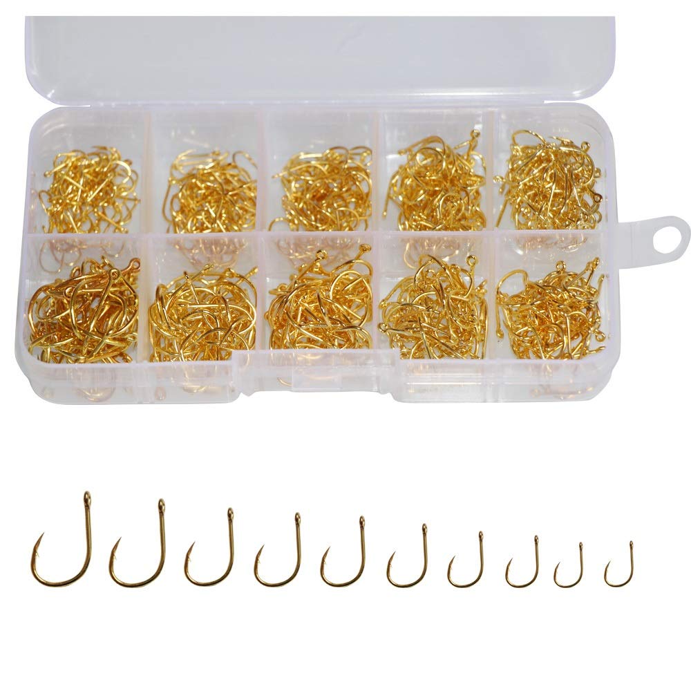 500pcs Small Fishing Hooks - High Carbon Steel Black & Gold Hooks Set (10 Sizes) with Plastic Storage Box - Ideal for Freshwater, Saltwater, Fly Fishing and Ice Fishing