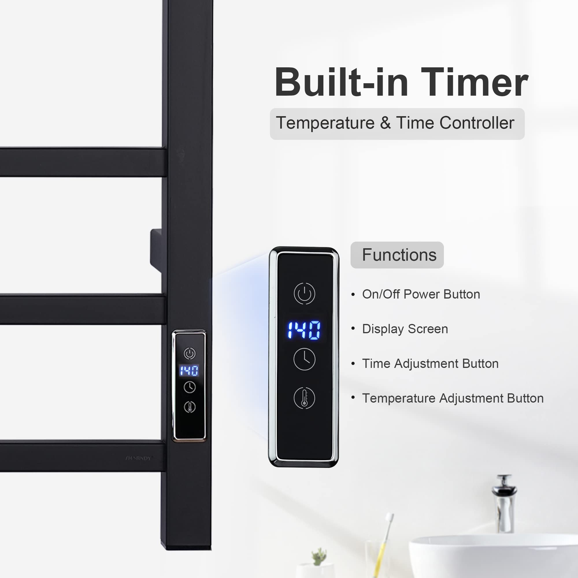 ETW13C Electric Heated Towel Rack - Wall Mounted Bathroom Towel Warmer with Built-in Timer, Black - Perfect for Spa, Luxury Bathroom & Home Comfort