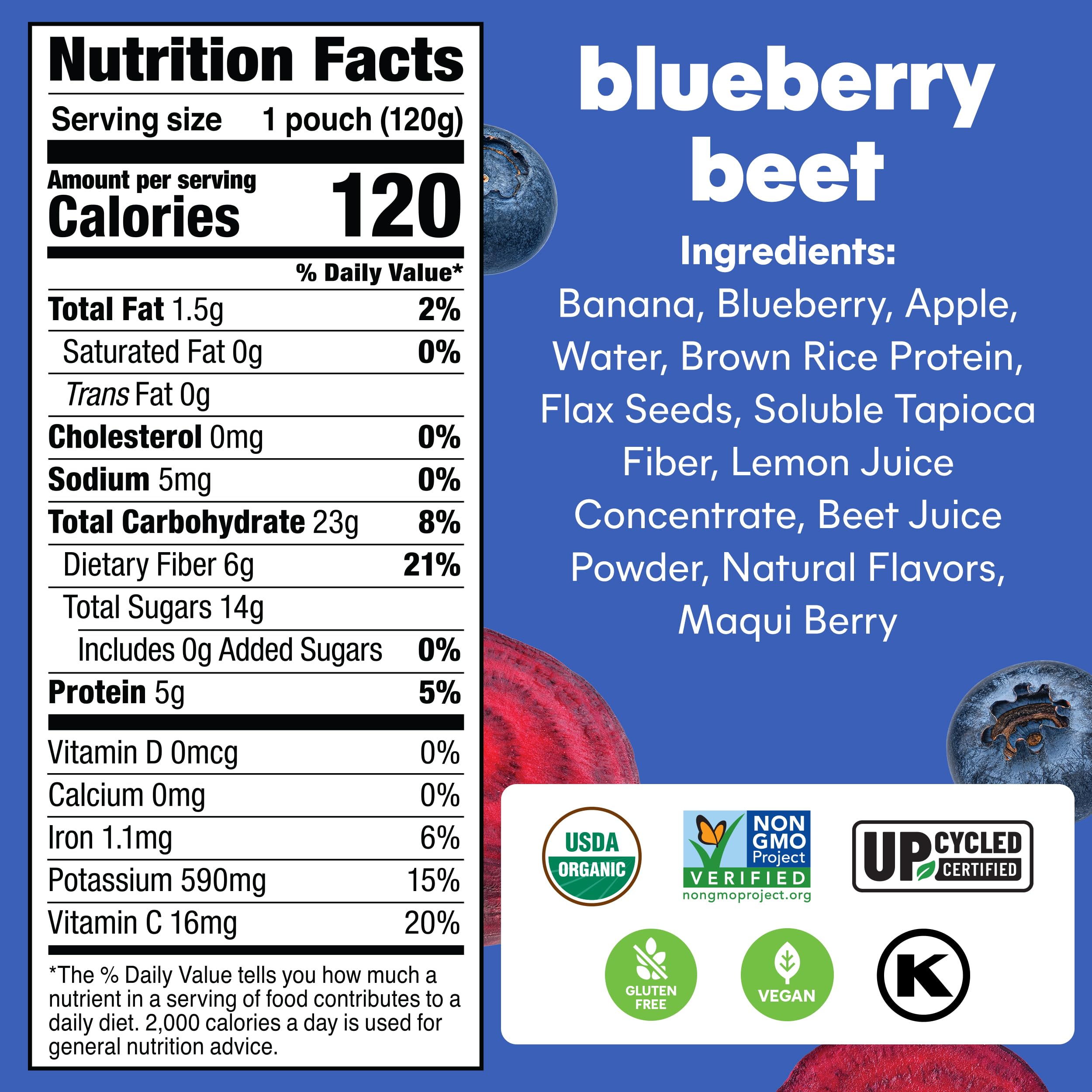 Organic Noka Superfood Fruit Smoothie Pouches - Blueberry Beet Flavor with Flax Seed, Plant Protein & Prebiotic Fiber | Vegan, Gluten Free Healthy Snacks | 6 Pack (4.22 oz each) | Perfect for On-the-Go Nutrition, Kids Lunchboxes & Post-Workout Recovery