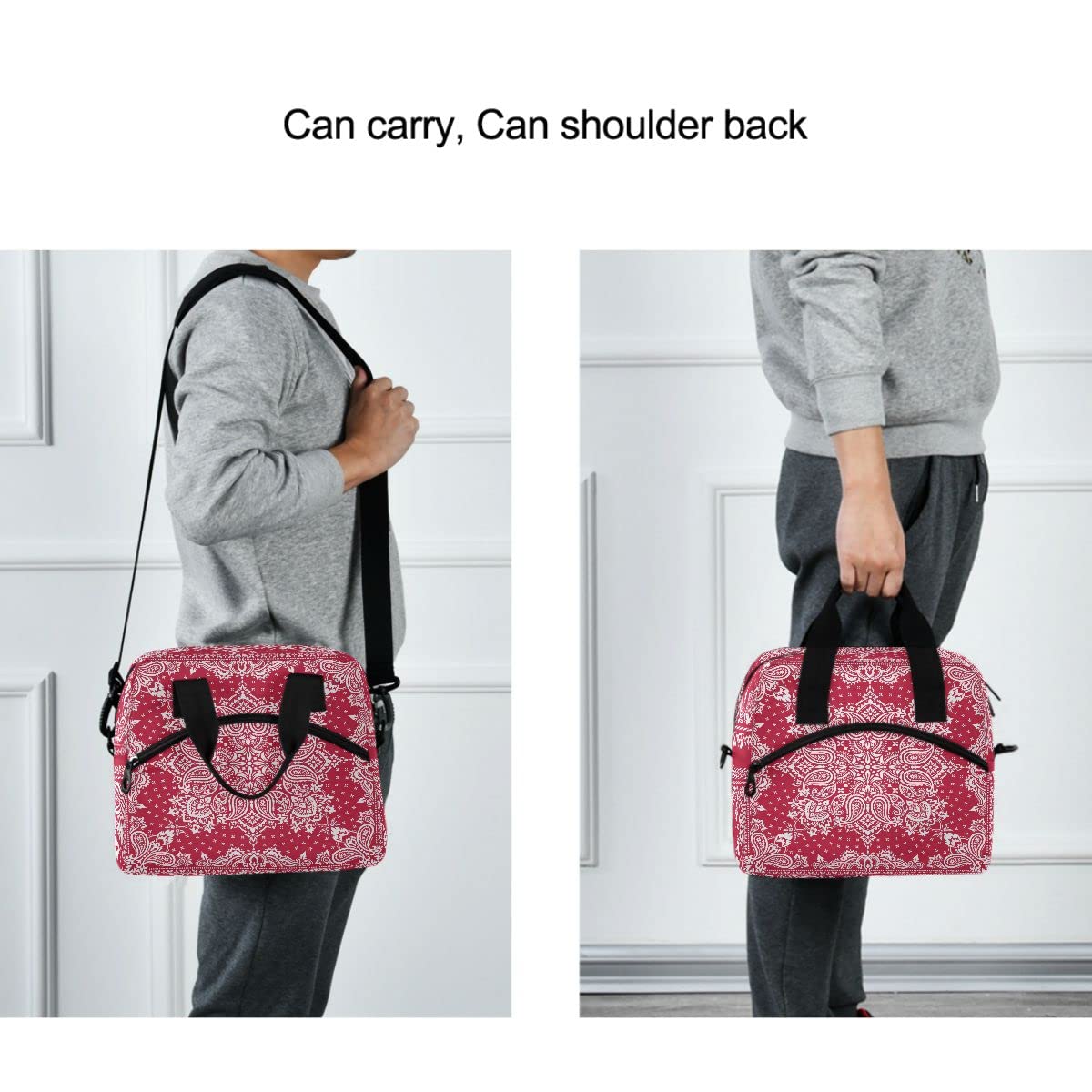 MNSRUU Insulated Lunch Bag - Leakproof Reusable Cooler Tote for Women & Men, Paisley Red Mandala Flower Design, Perfect for Work, School, Picnics & Outdoor Activities