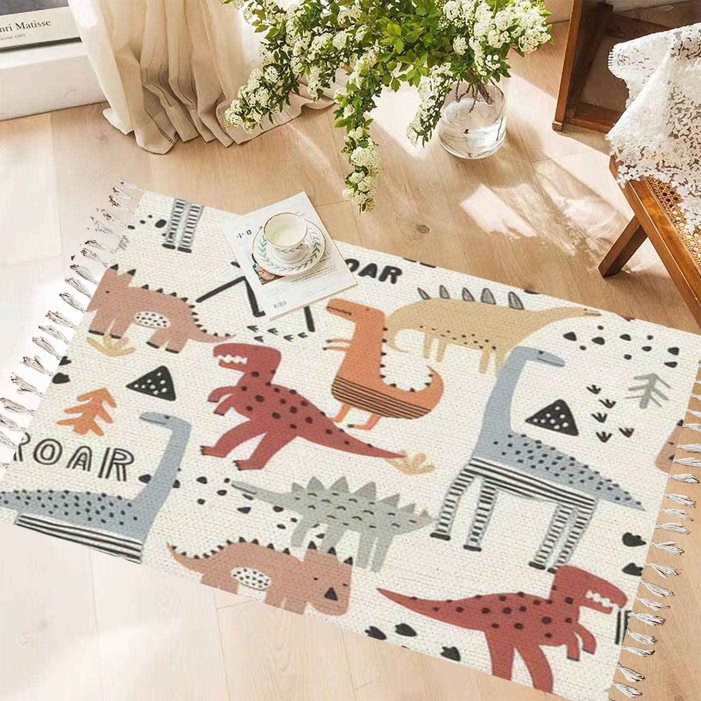 Vintage Cotton & Linen Tassel Rug with Dinosaur, Tree & Mountain Design - Boho Chic Washable Woven Area Rug for Kids Room, Nursery, Kitchen, Bathroom Decor - Perfect for Indoor & Outdoor Use
