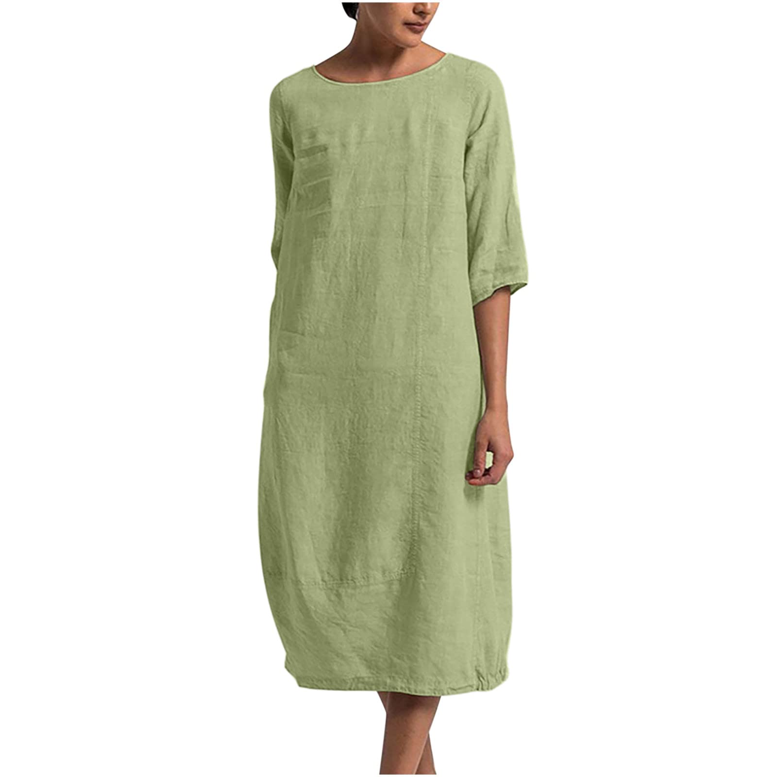 JPVDPA Women's Autumn Cotton Linen Midi Dress - Loose Casual Crewneck Caftan with Half Sleeves | Perfect for Fall Outfits, Weekend Brunch & Boho Style