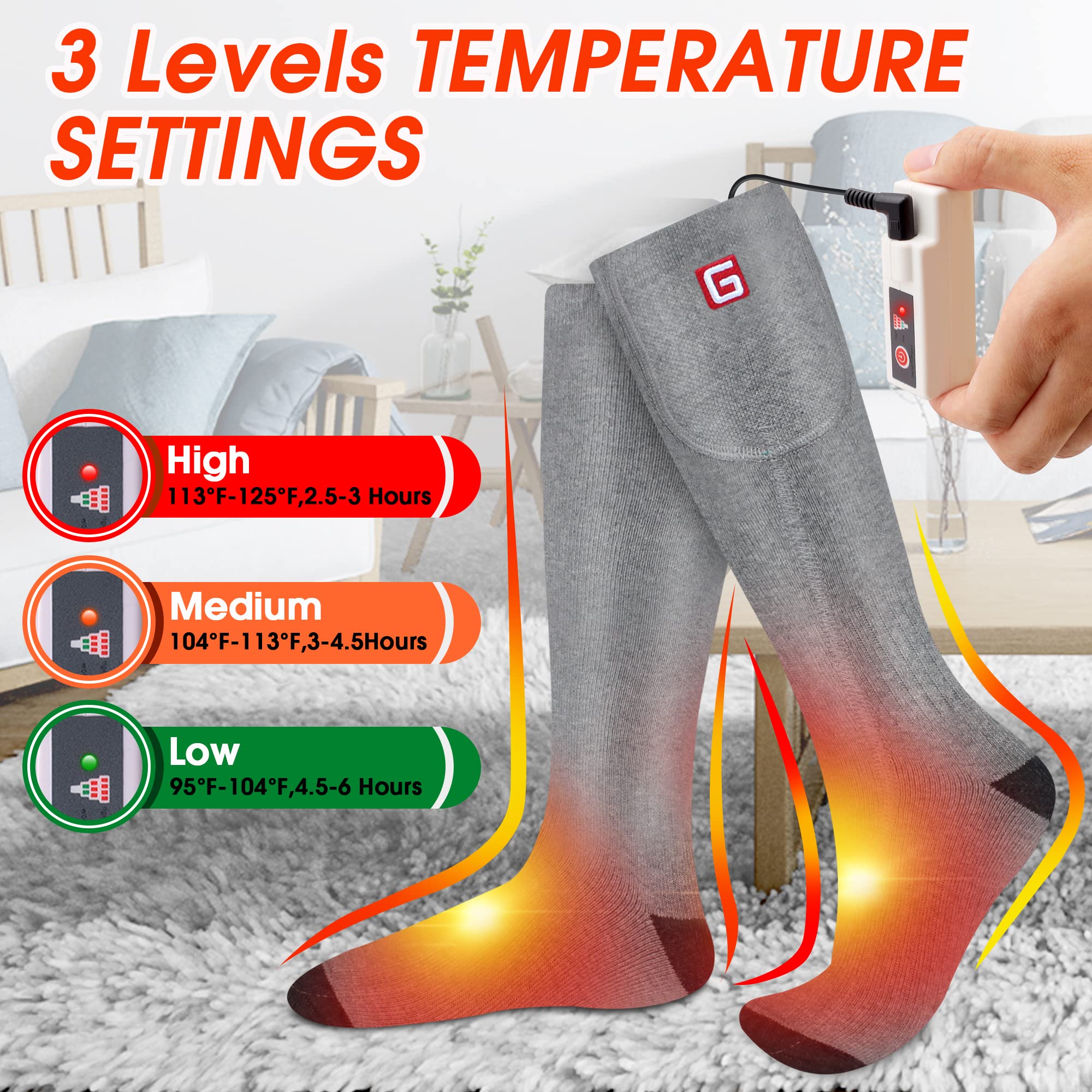 Rechargeable Electric Heated Socks for Men & Women - 3 Temperature Settings, Warm Cotton Thermal Winter Socks with 3.7V 2200mAh Battery (Grey, Large) - Perfect for Cold Weather Activities Like Camping, Hiking, Skiing & Motorcycle Riding