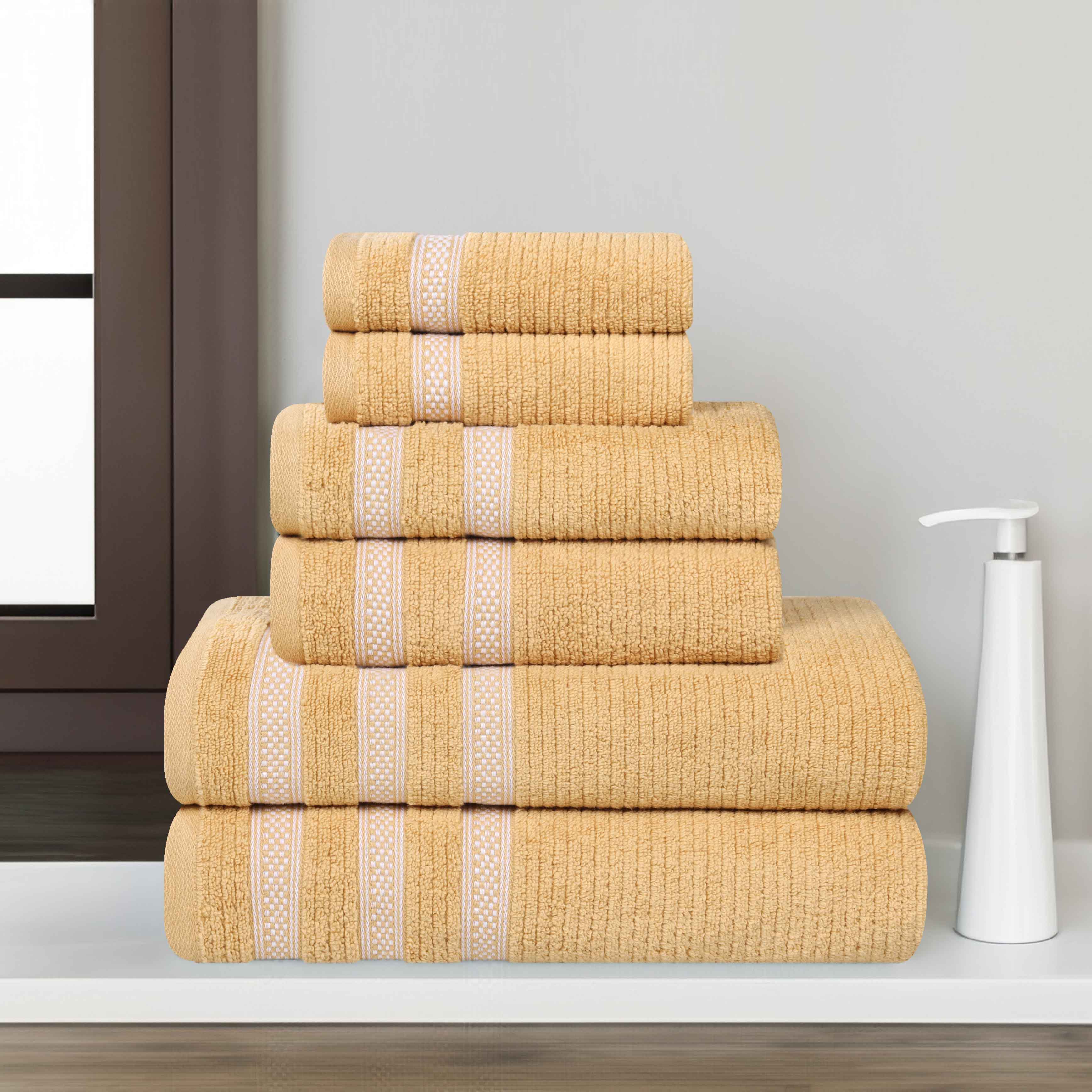 Premium 6-Piece Zero Twist Cotton Towel Set - Ultra Soft, Absorbent & Quick-Drying Bath Towels with Geometric Border Design for Spa, Bathroom & Luxury Home Decor