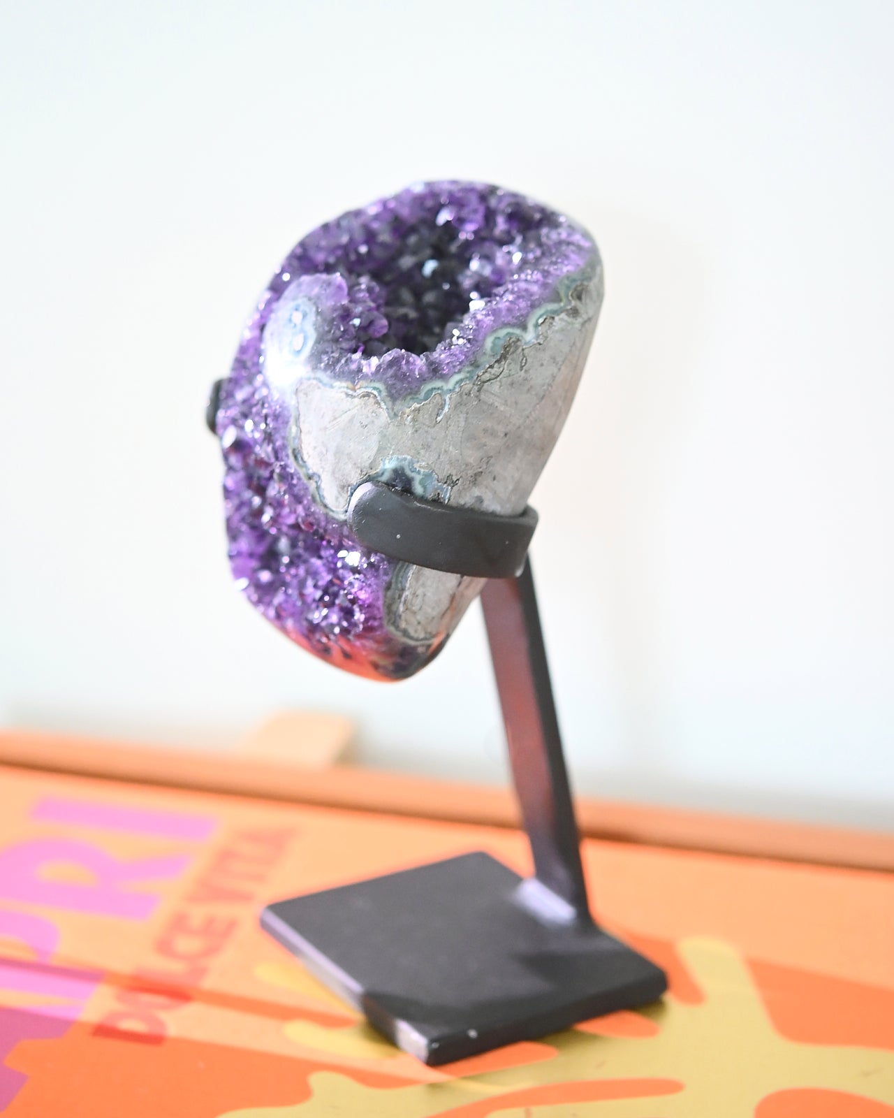 Natural Amethyst Crystal Geode on Wooden Stand - 3.8lbs Healing Stone for Home Decor, Meditation & Spiritual Gifts | Perfect for Living Room, Office & Yoga Space