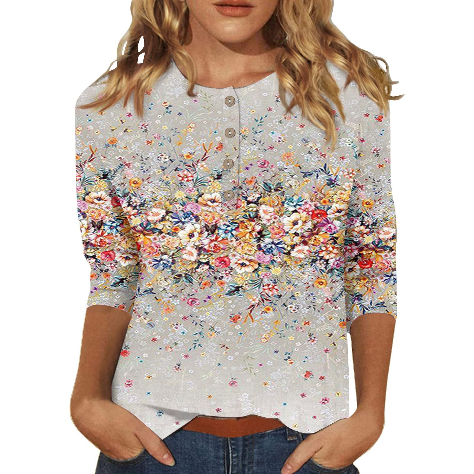 Women's Floral Cotton 3/4 Sleeve Tunic Tops - Casual Loose Fit Blouse Shirts for Women - Perfect for Work, Weekend Outfits & Spring Summer Fashion