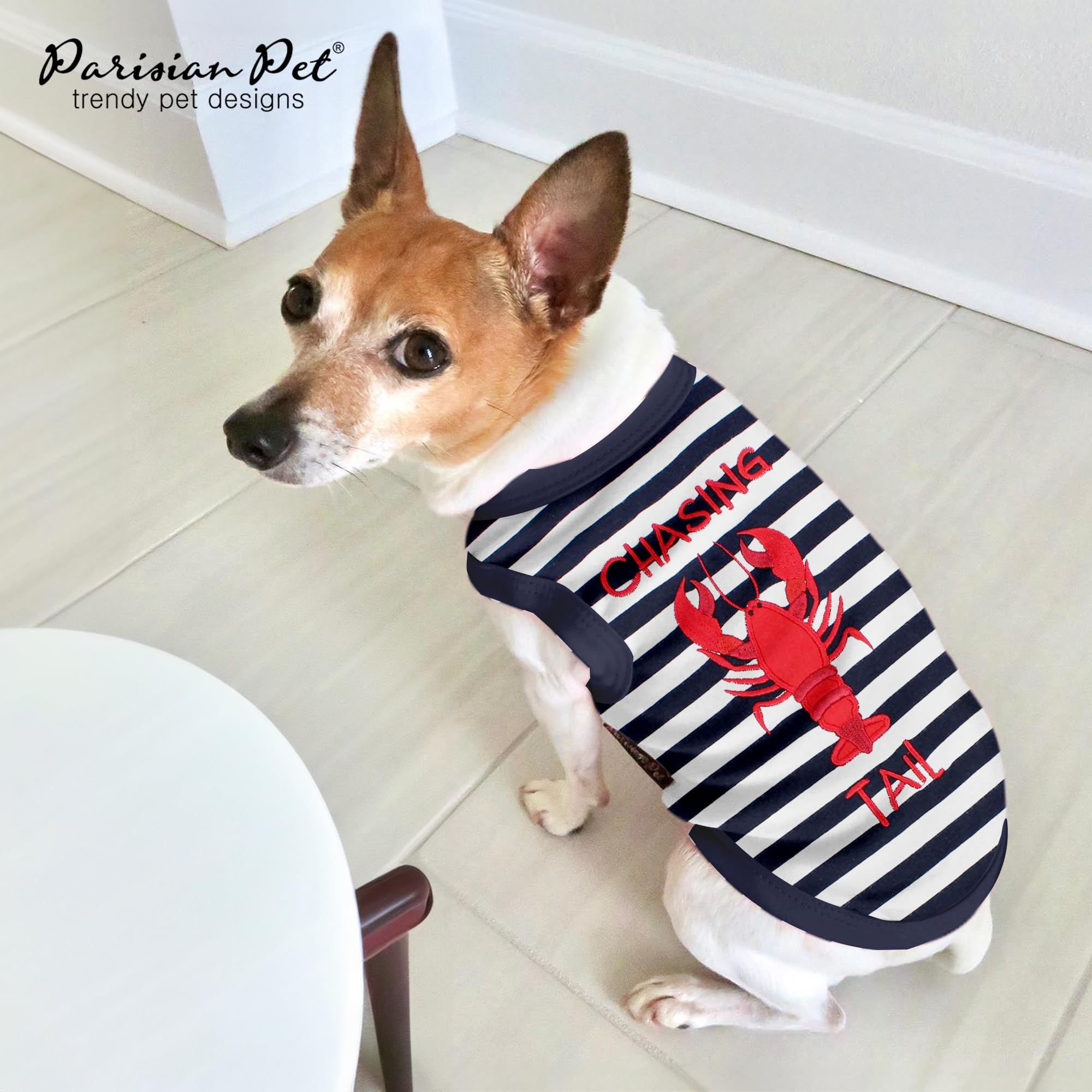 Parisian Pet Dog T-Shirt - Embroidered 'Chasing Lobster Tail' Sleeveless Dog Tank Top - Breathable & Lightweight Summer Dog Tee for Small Breeds (XS) - Machine Washable Pet Shirt for Daily Walks & Outdoor Adventures
