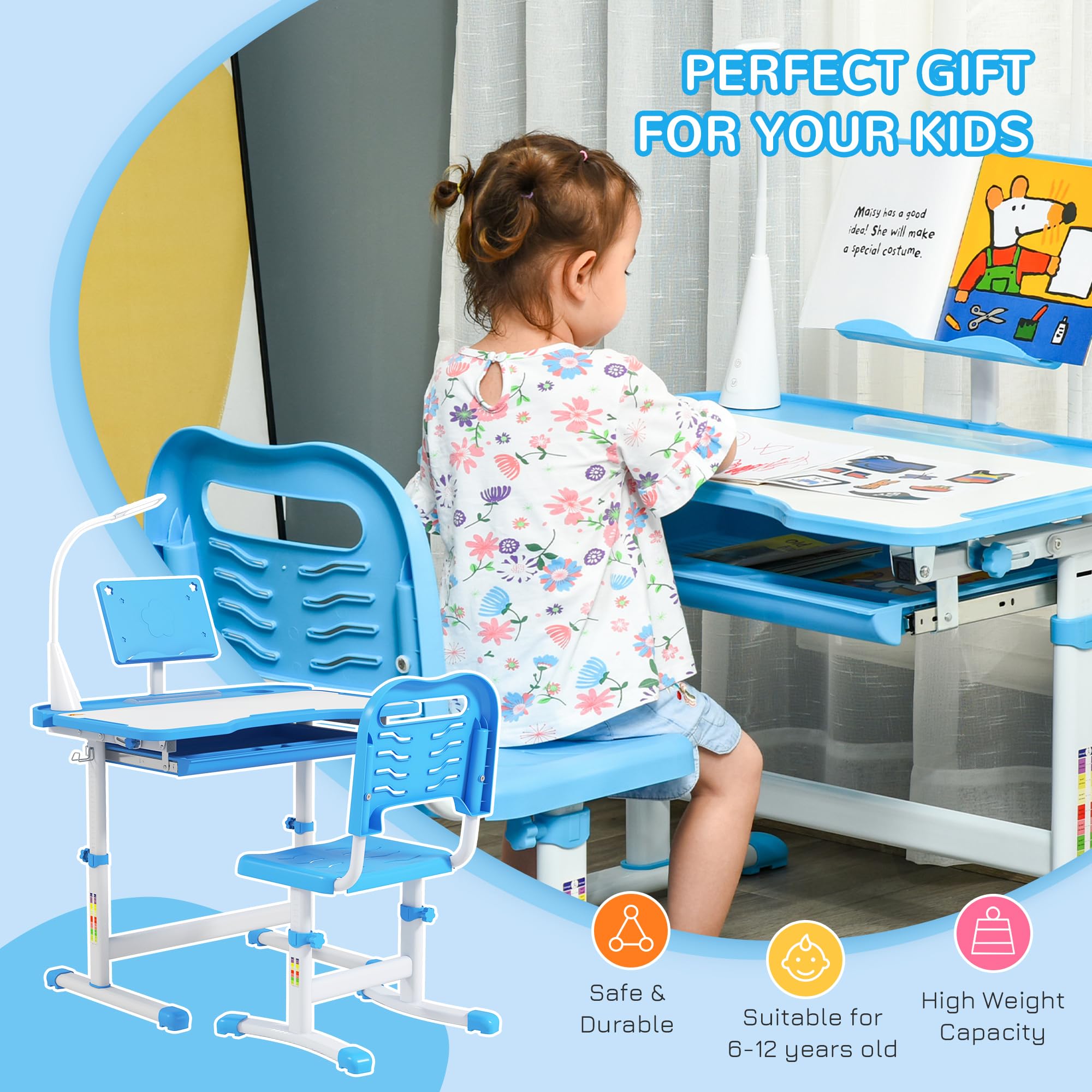 Qaba Adjustable Kids Desk and Chair Set with Tilt Desktop, USB Light & Storage Drawer - Ergonomic Study Table for Children's Homework, Drawing, Arts & Crafts (Blue & White) - Perfect for Homeschooling, Online Learning & Creative Play Spaces