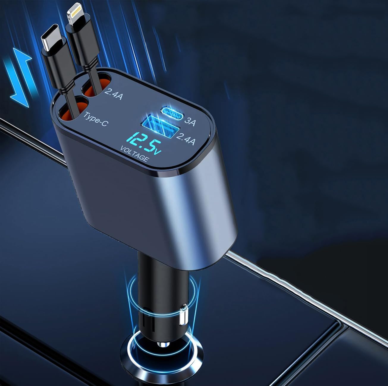 120W 4-in-1 Retractable Car Charger with 2 USB Ports & 31.5