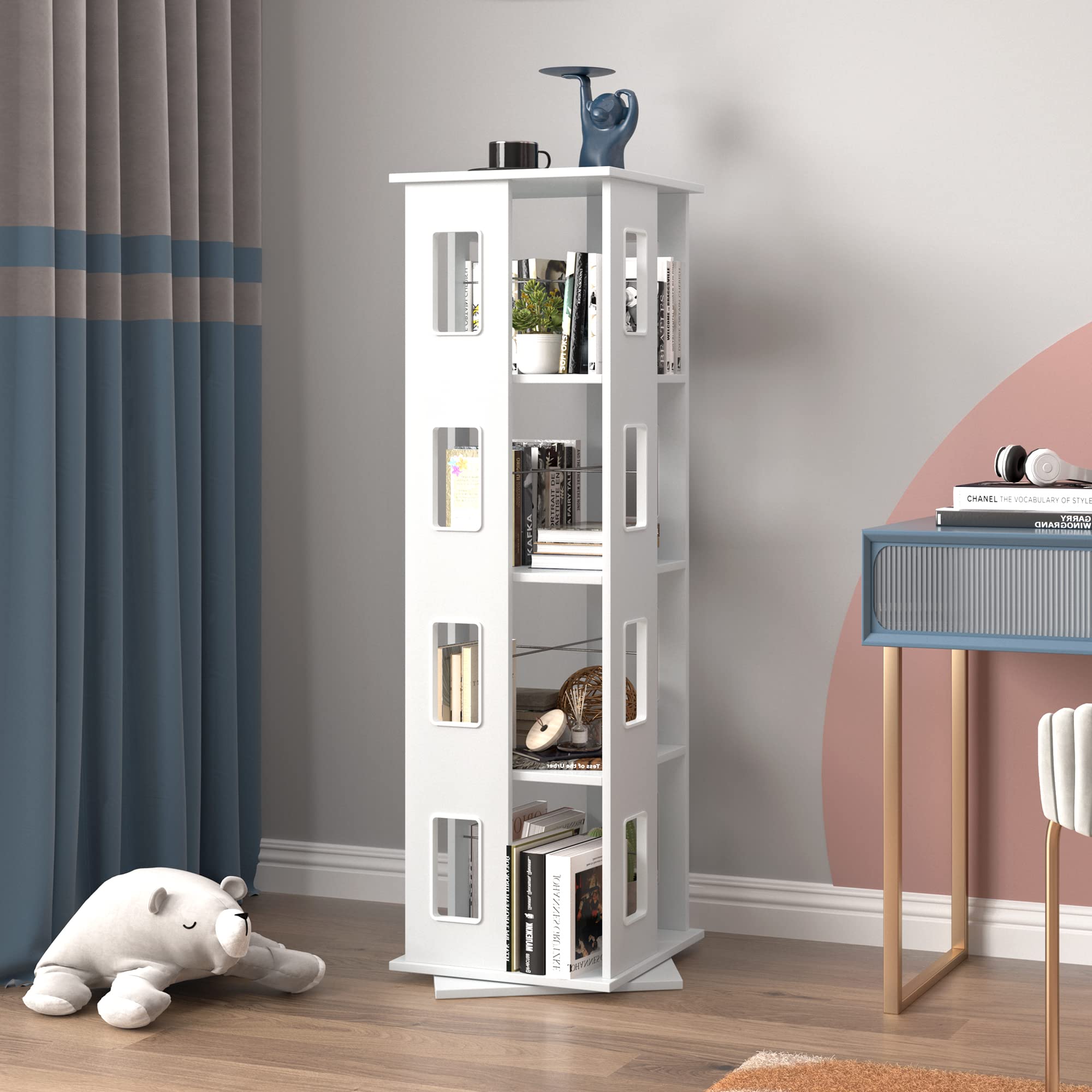 360° Rotating 4-Tier Bookshelf Organizer - Freestanding Swivel Bookcase for Corner Storage | Space-Saving Display Cabinet for Home Office, Living Room & Study | Perfect for Small Spaces & Book Collections