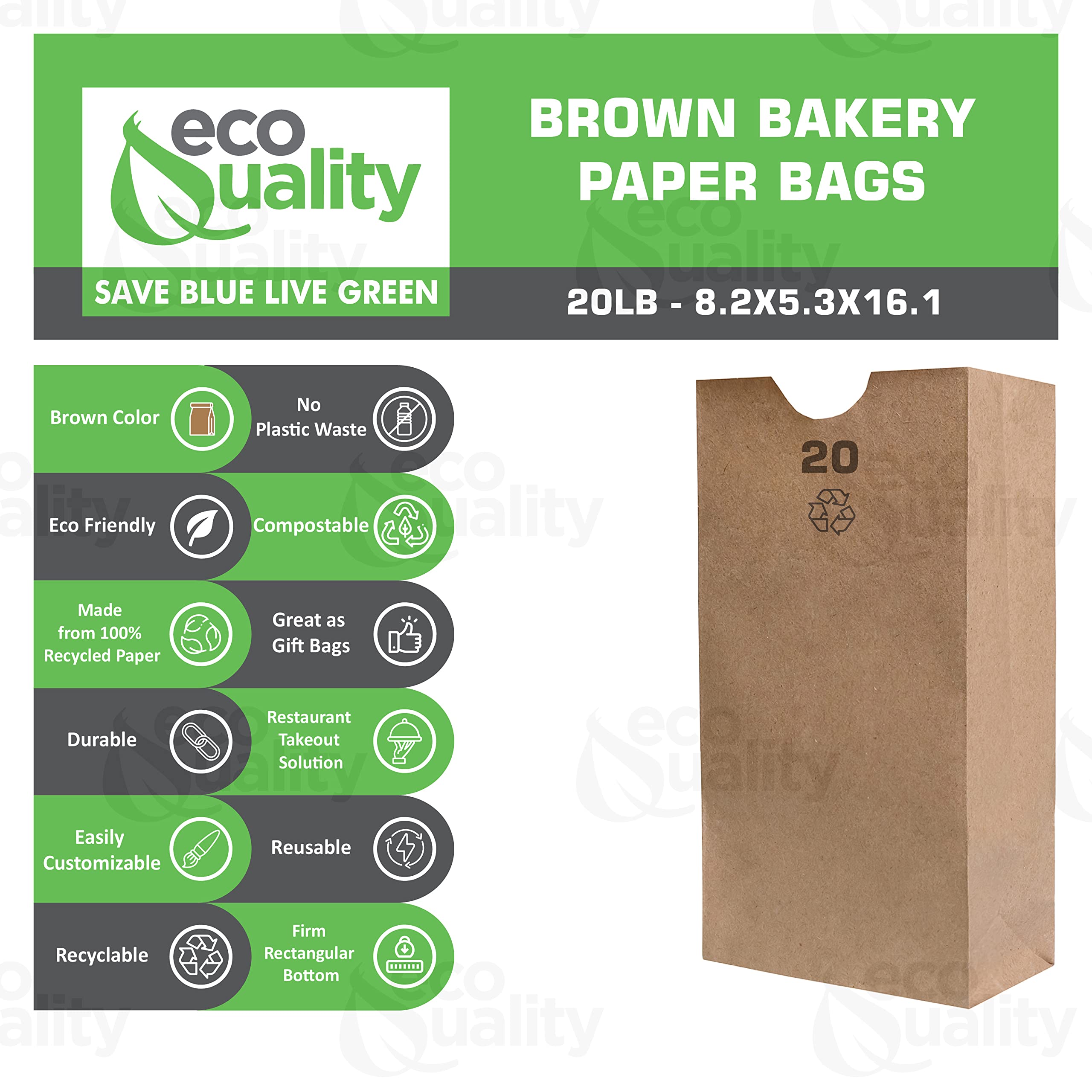 EcoQuality 1500 Pack 20 lb Brown Kraft Paper Bags - 16